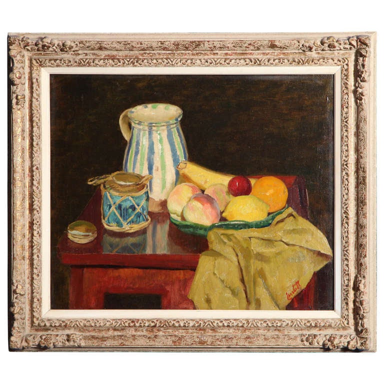 Still Life with fruit and pitcher, oil on canvas by Edward Barnard Lintott, (British, 1875 - 1951). Barnard Lintott held solo exhibitions in New York City at the Knoedler, Reinhardt, Marie Sterner and Macbeth Galleries. His work was acquired by some