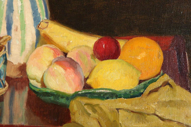 British Oil on Canvas Still Life Fruit and Pitcher, Edward Barnard Lintott, circa 1935 For Sale
