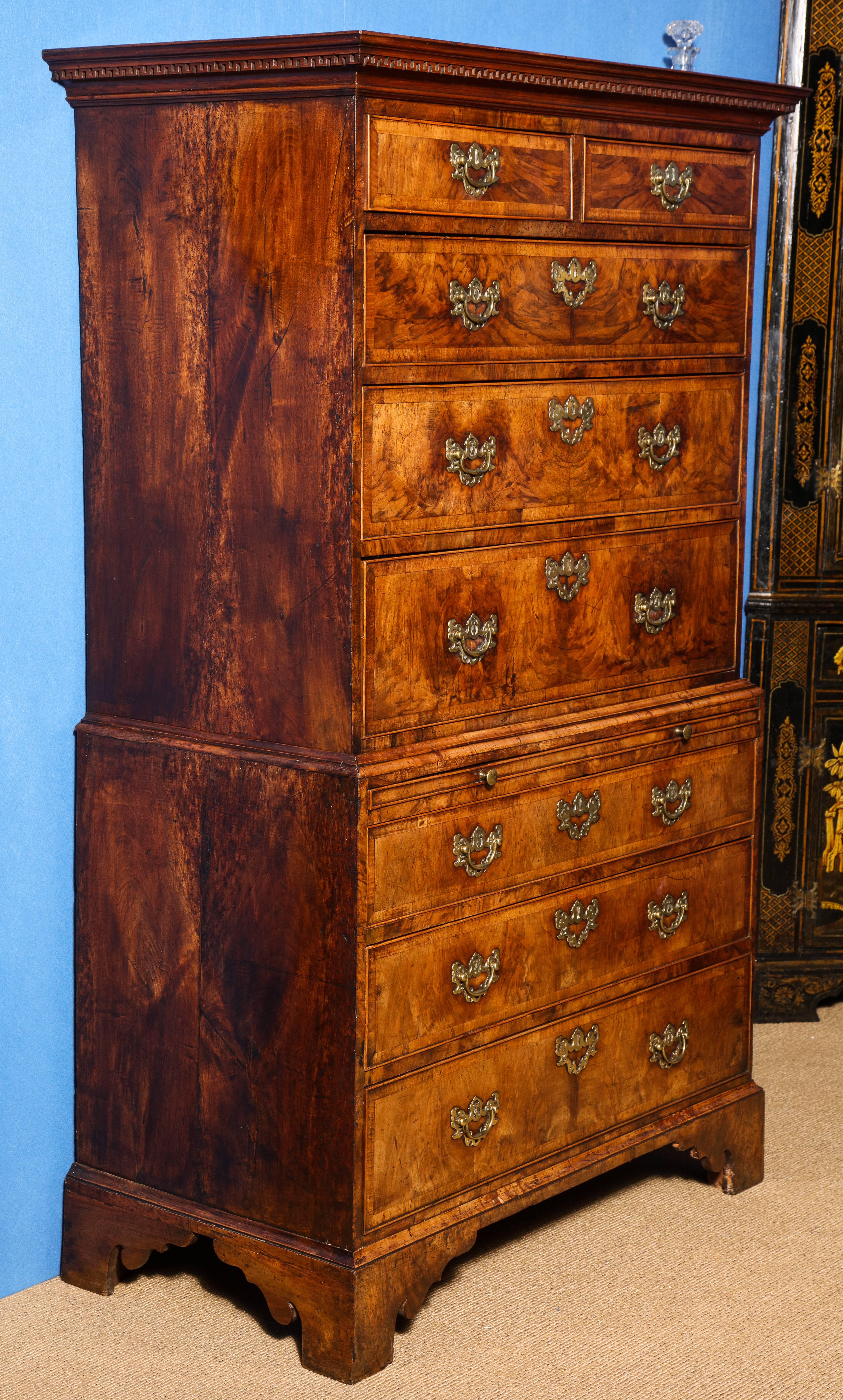 Hand-Carved George II Period Figured Walnut & Chestnut Chest on Chest, English, circa 1740