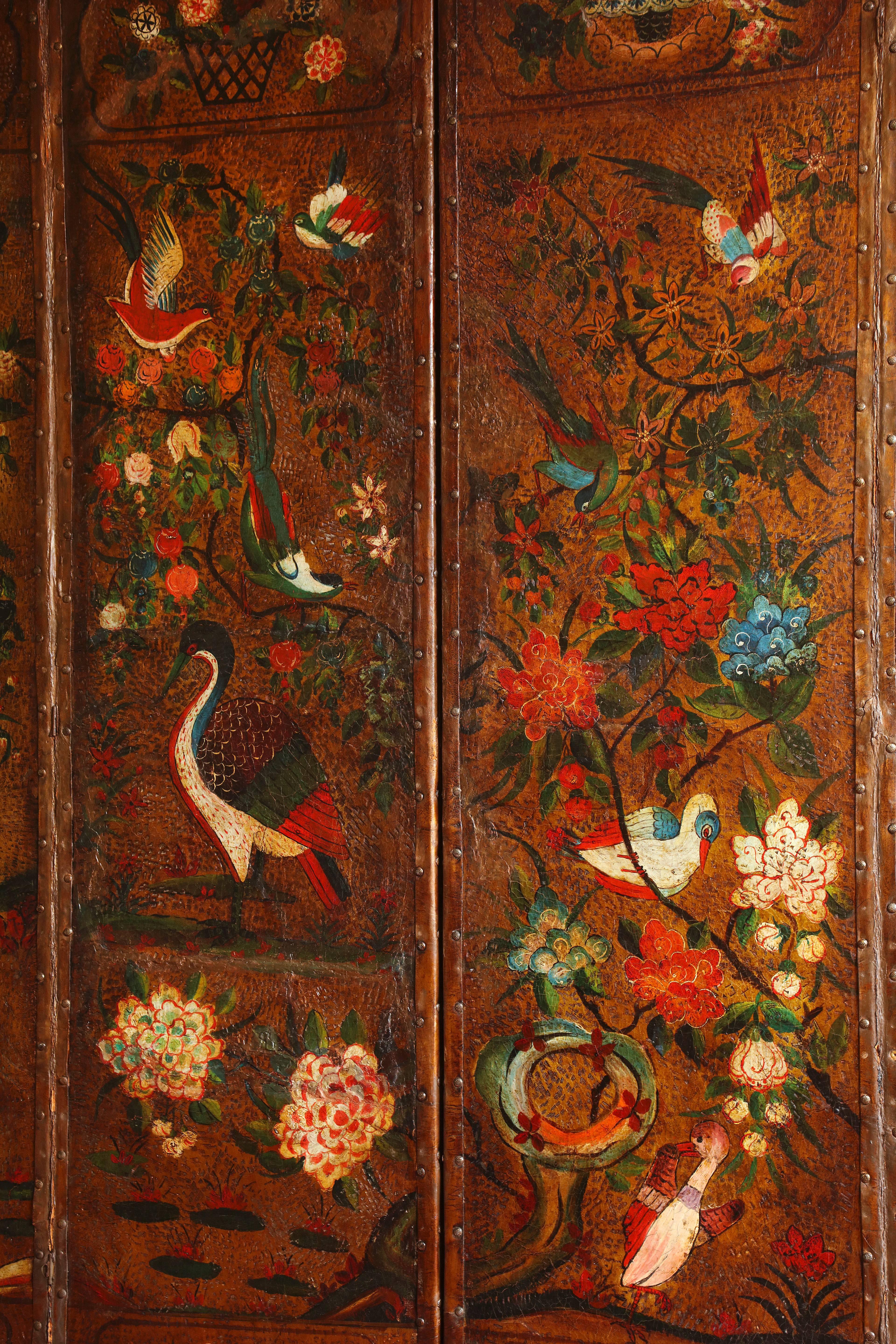 Early 18th Century English Six Panel Chinoiserie Polychrome Decorated Leather Screen, circa 1700 For Sale