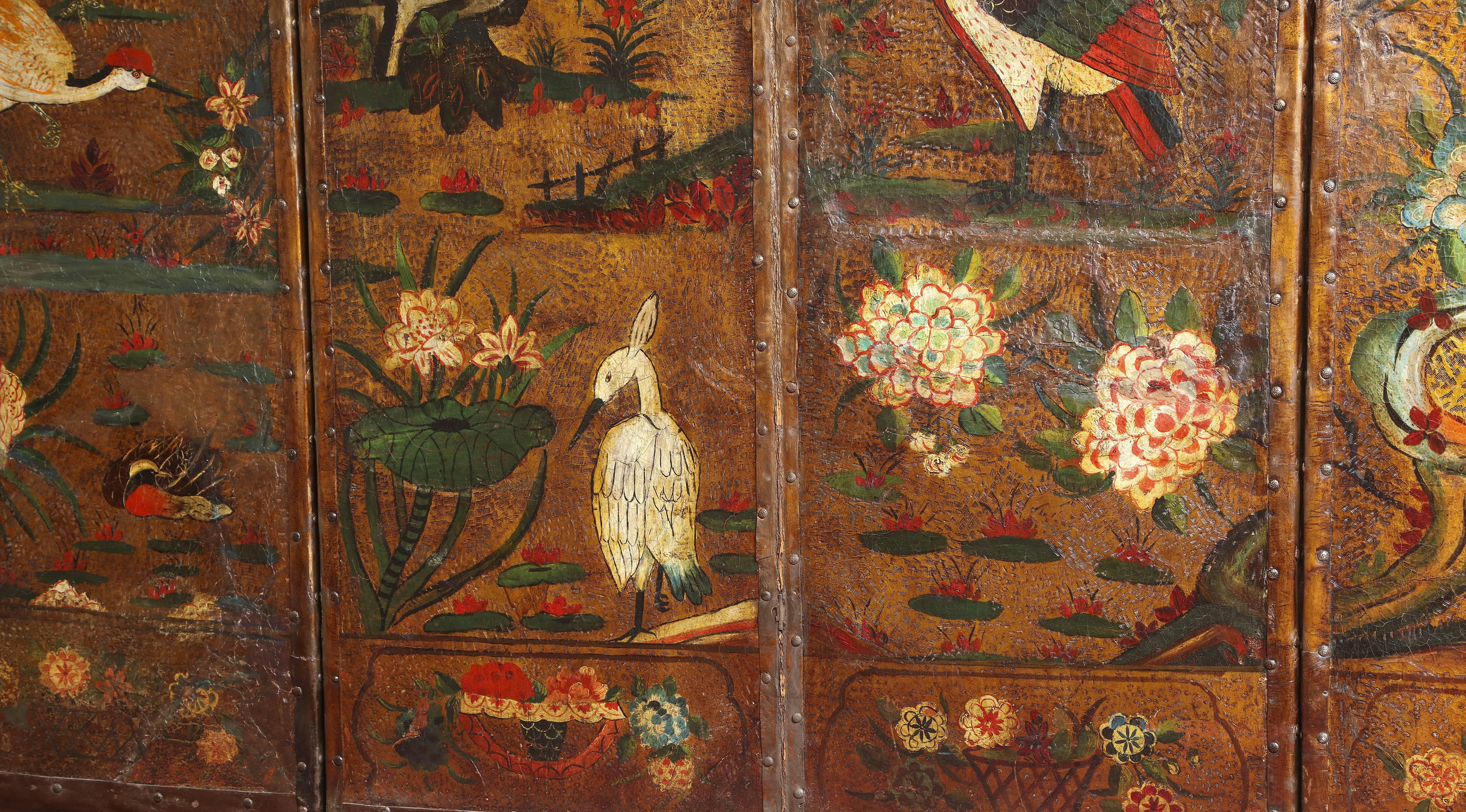 Gilt English Six Panel Chinoiserie Polychrome Decorated Leather Screen, circa 1700 For Sale