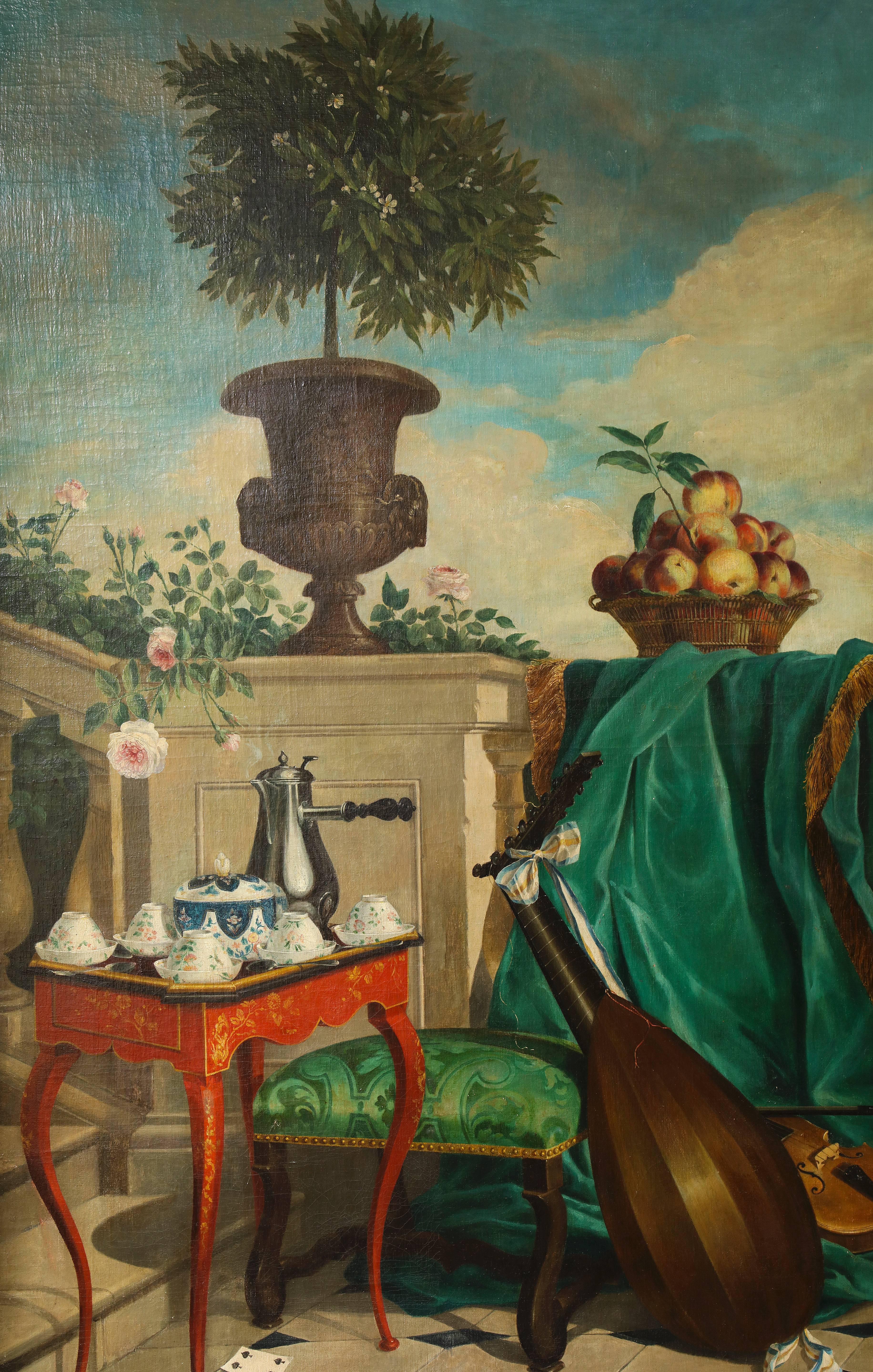 Oil on canvas, Still Life Painting of a Garden Terrace, the foreground with a porcelain service on a red japanned chinoiserie small table, with musical instruments, against a velvet curtain draped across a balustrade to the rear, atop which is a