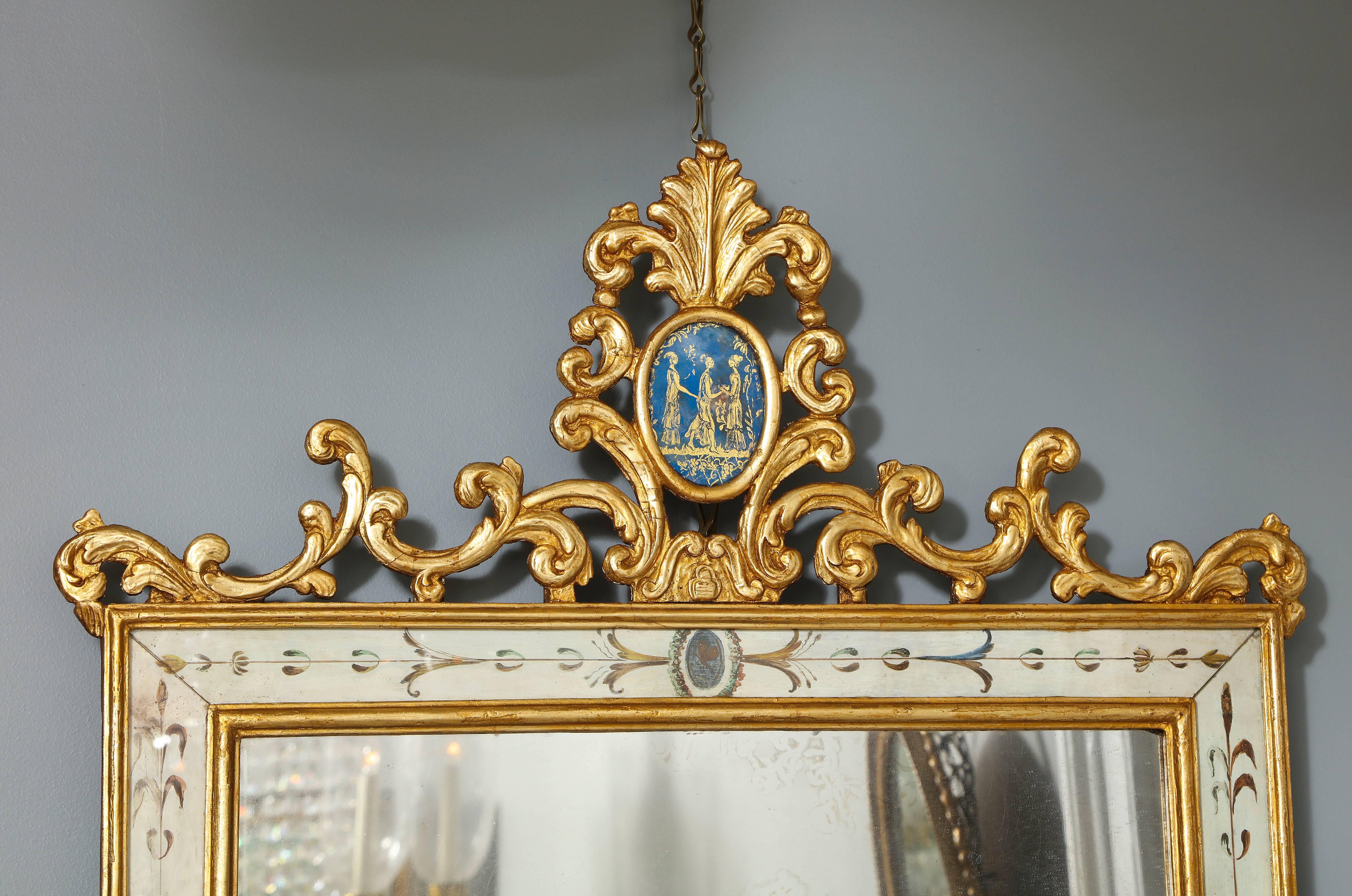 Glass Italian Neoclassical Period Painted and Parcel Giltwood Mirror, circa 1820 For Sale