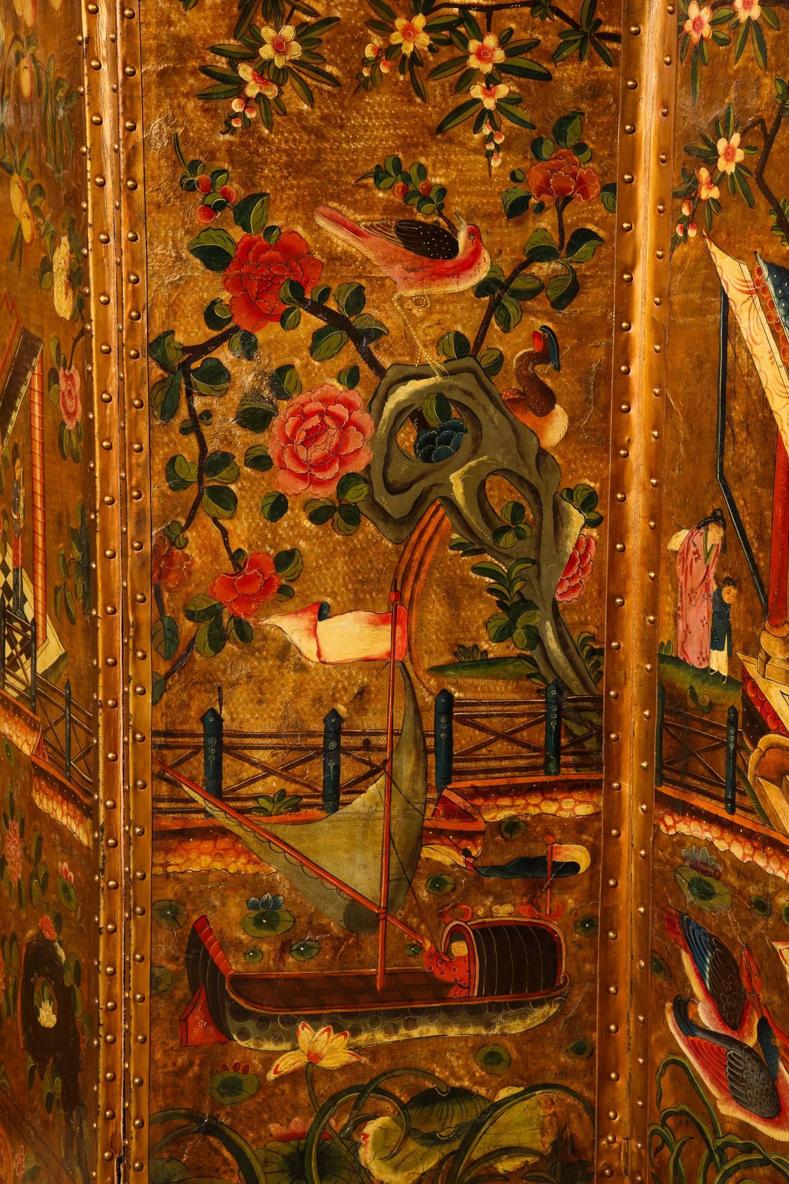 Four-Panel Chinoiserie Polychrome Painted Gilt Leather Screen English circa 1750 For Sale 1