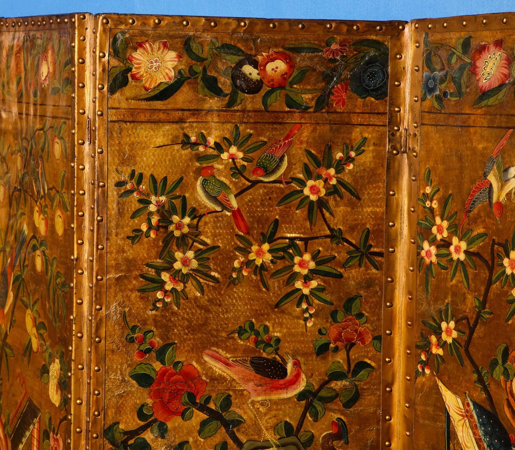 Four-Panel Chinoiserie Polychrome Painted Gilt Leather Screen English circa 1750 For Sale 5