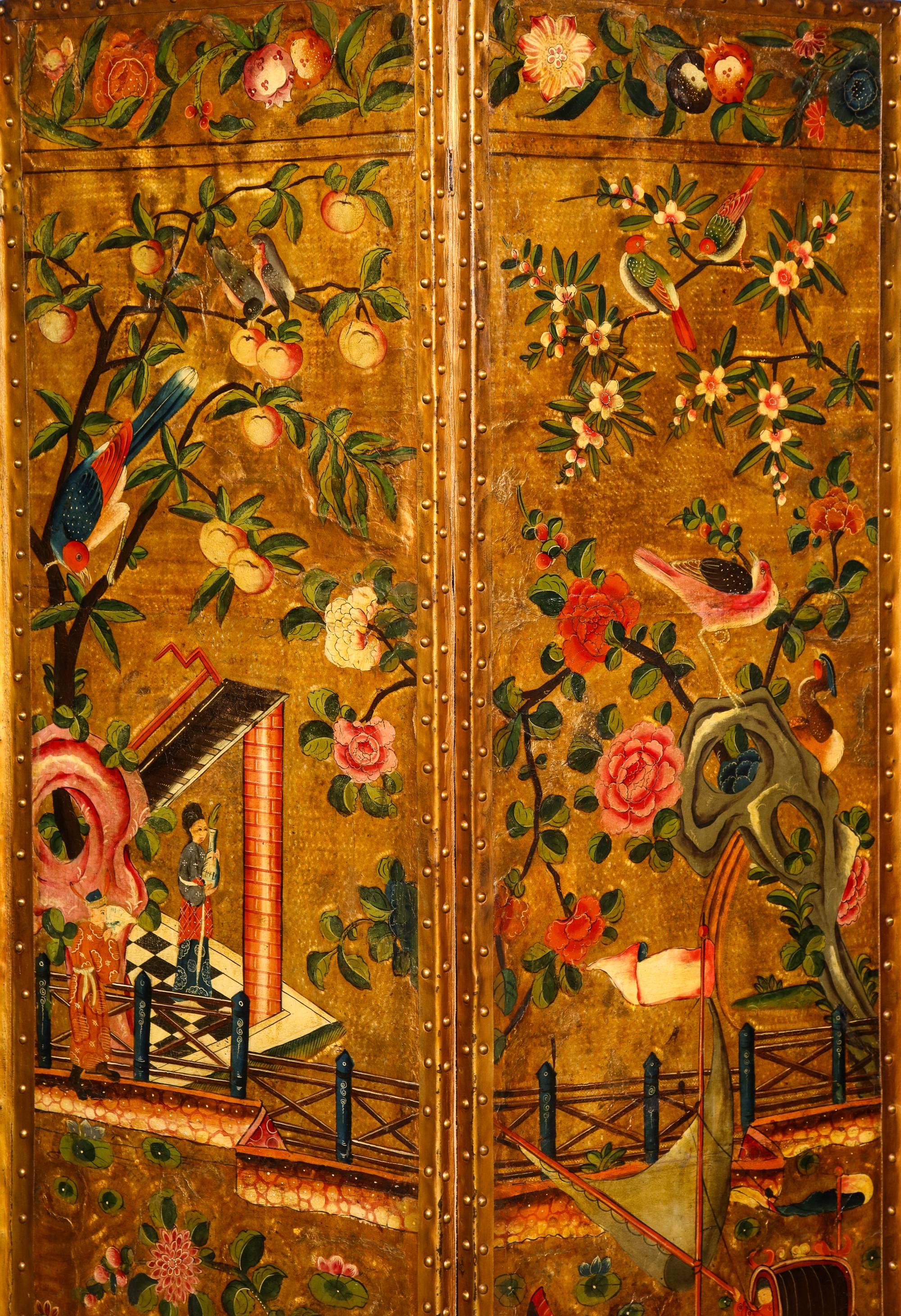 Four-Panel Chinoiserie Polychrome Painted Gilt Leather Screen English circa 1750 For Sale 6