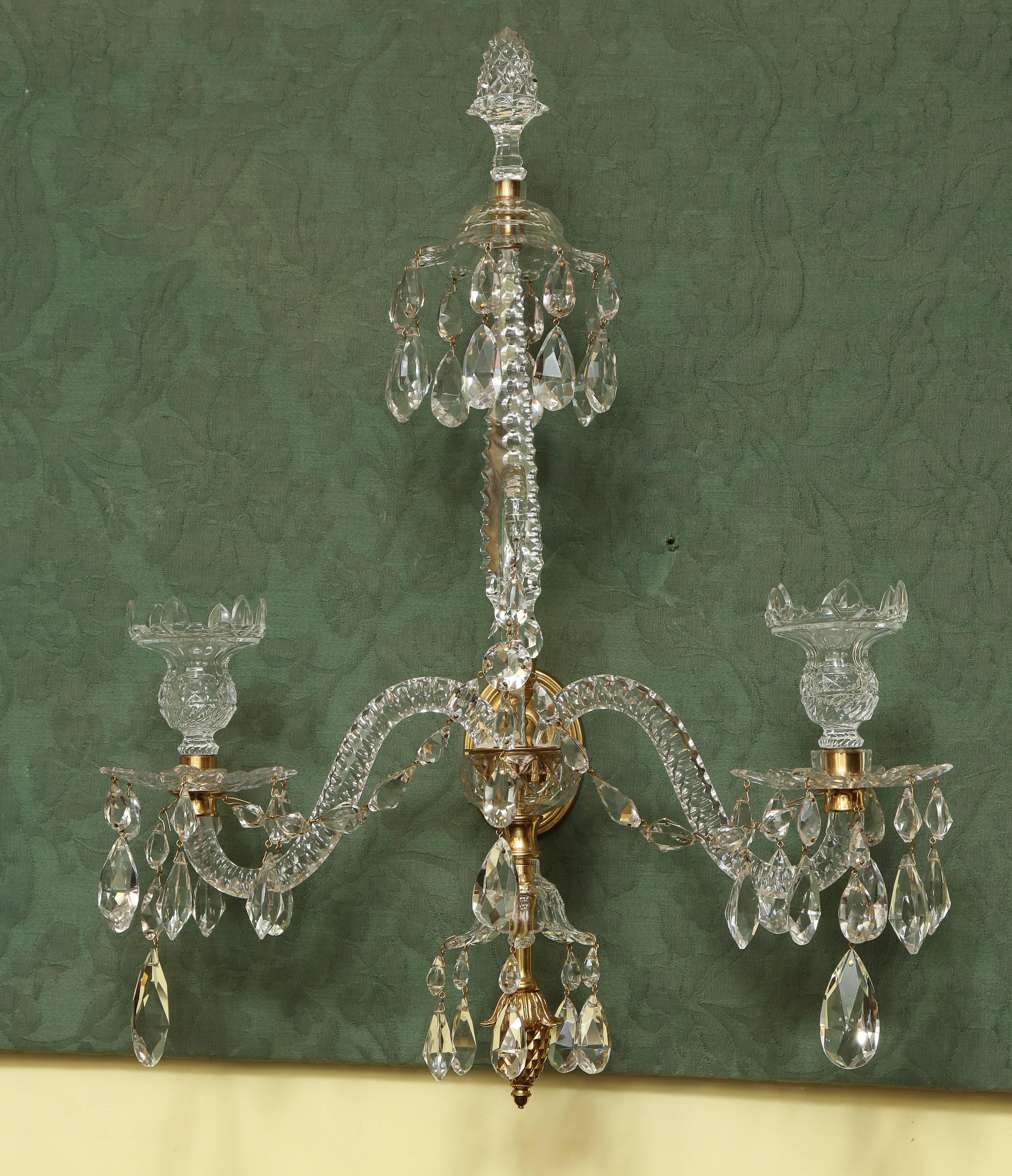Adam Style Pair of Adam Cut Crystal and Ormolu Two-Light Wall Sconces, English, circa 1775 For Sale