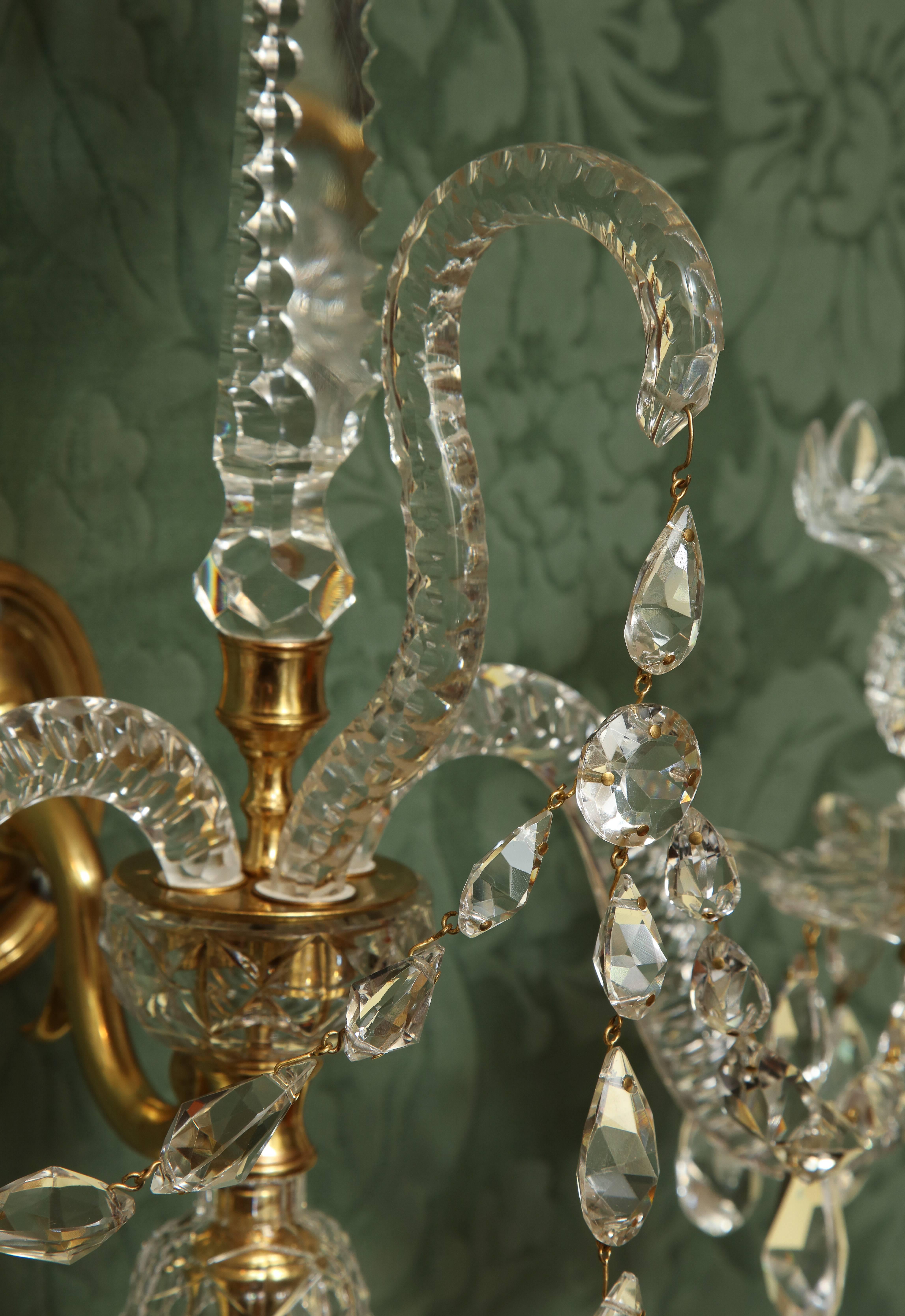 Faceted Pair of Adam Cut Crystal and Ormolu Two-Light Wall Sconces, English, circa 1775 For Sale