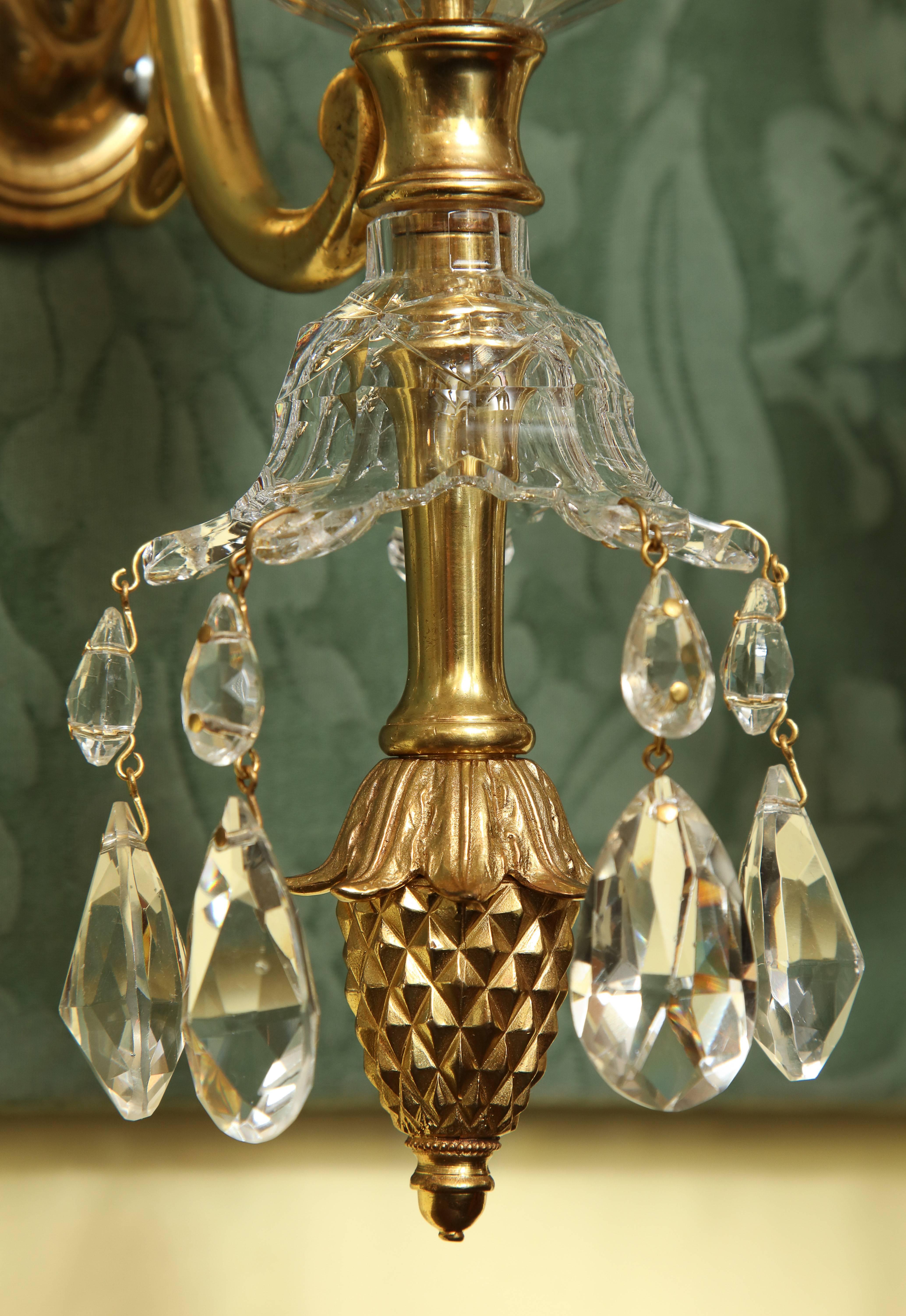 Pair of Adam Cut Crystal and Ormolu Two-Light Wall Sconces, English, circa 1775 For Sale 1