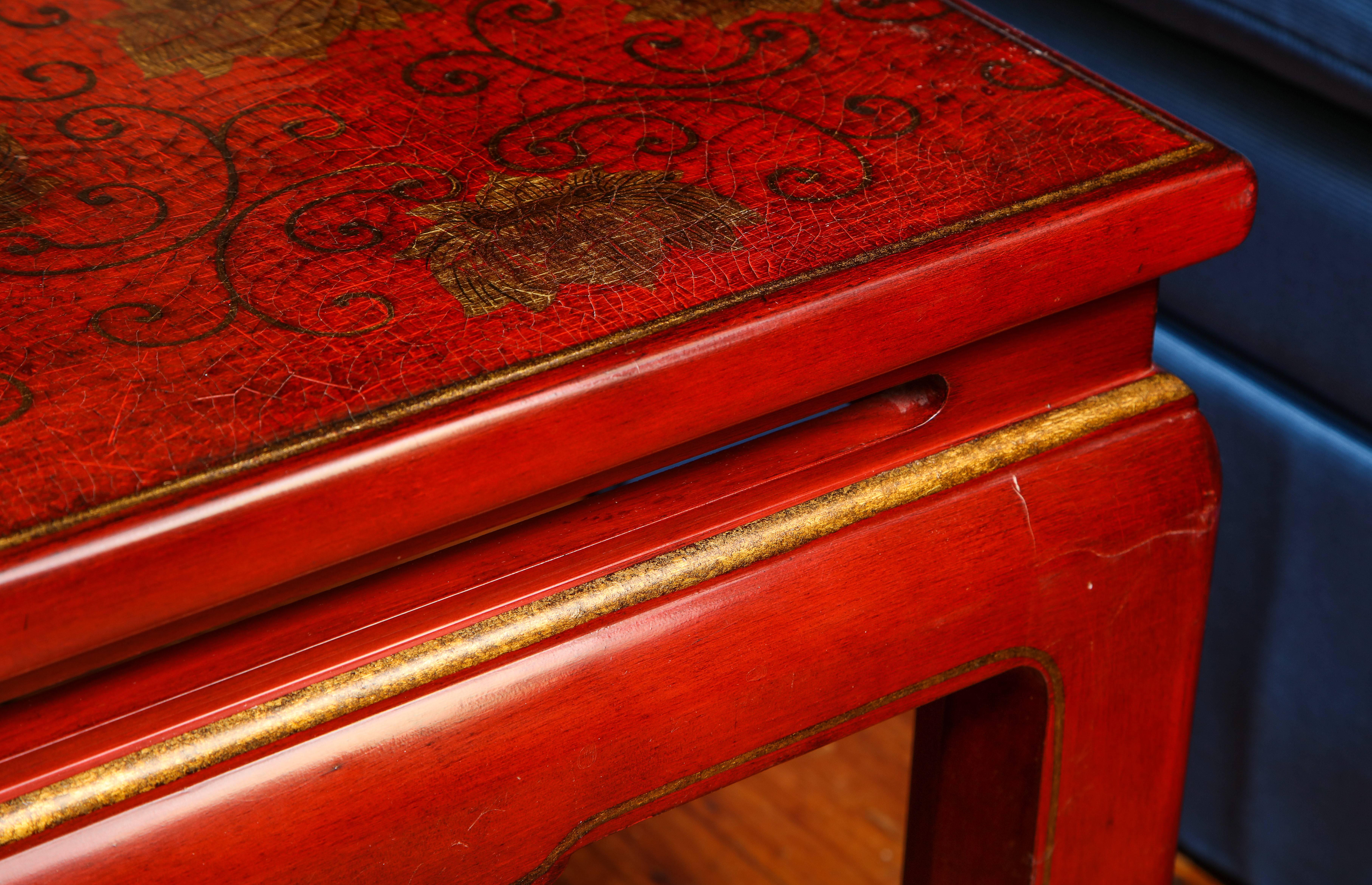 Hand-Painted Red Lacquer Rectangular Coffee Table with Gilt Scroll & Lotus Flower Decoration For Sale
