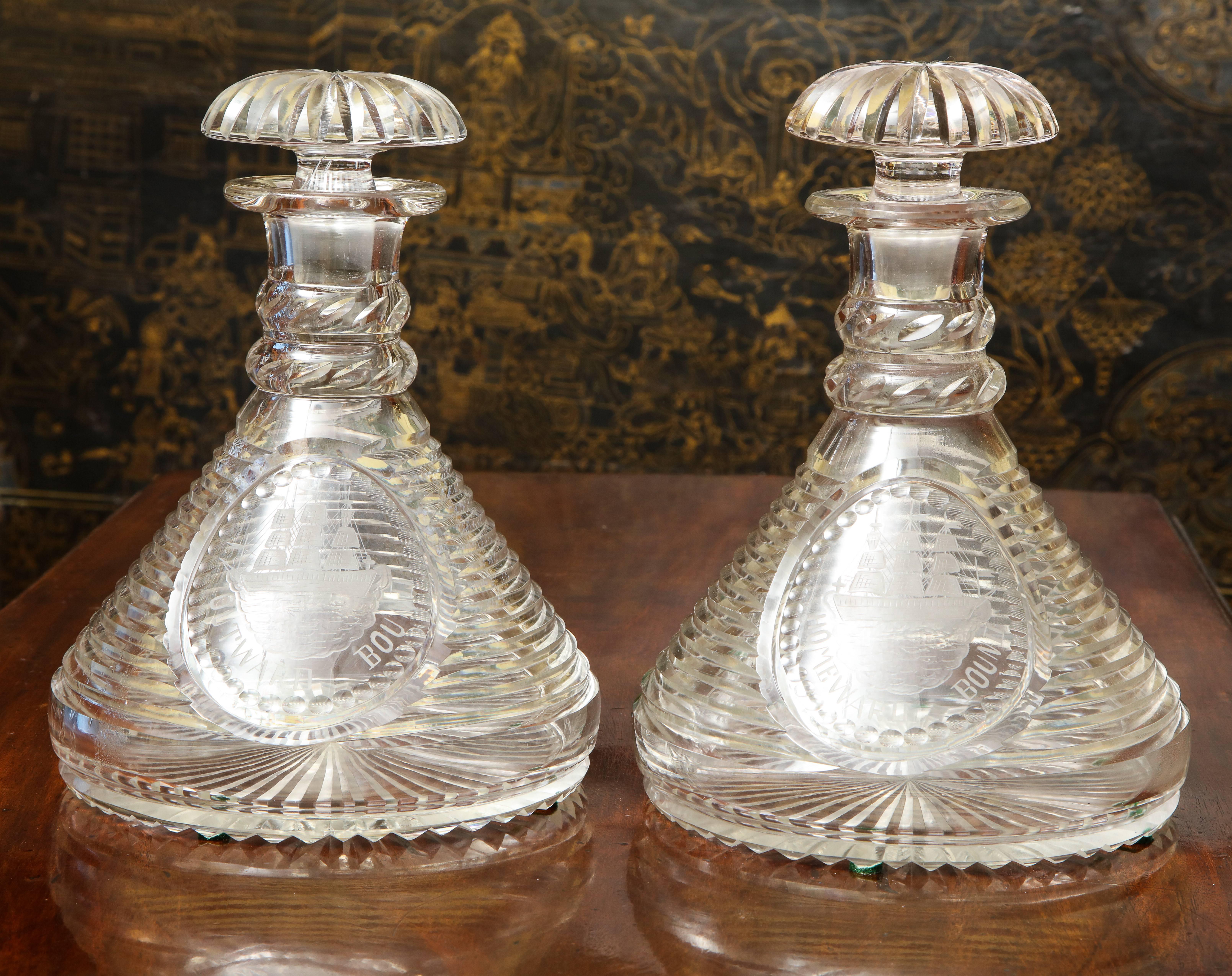 British Pair of Finely Cut Crystal and Engraved Ship's Decanters, English, circa 1875 For Sale