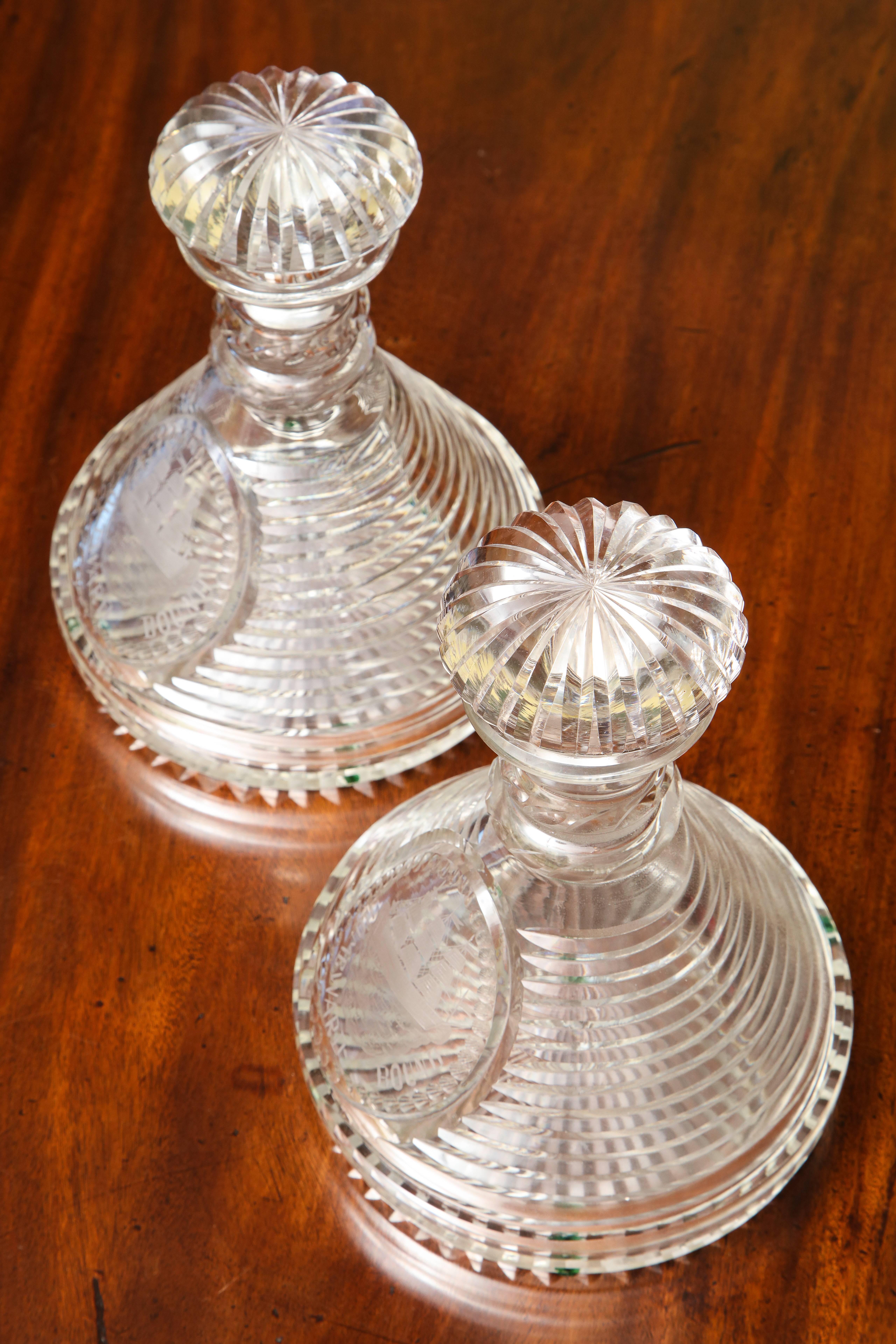 Pair of Finely Cut Crystal and Engraved Ship's Decanters, English, circa 1875 For Sale 1