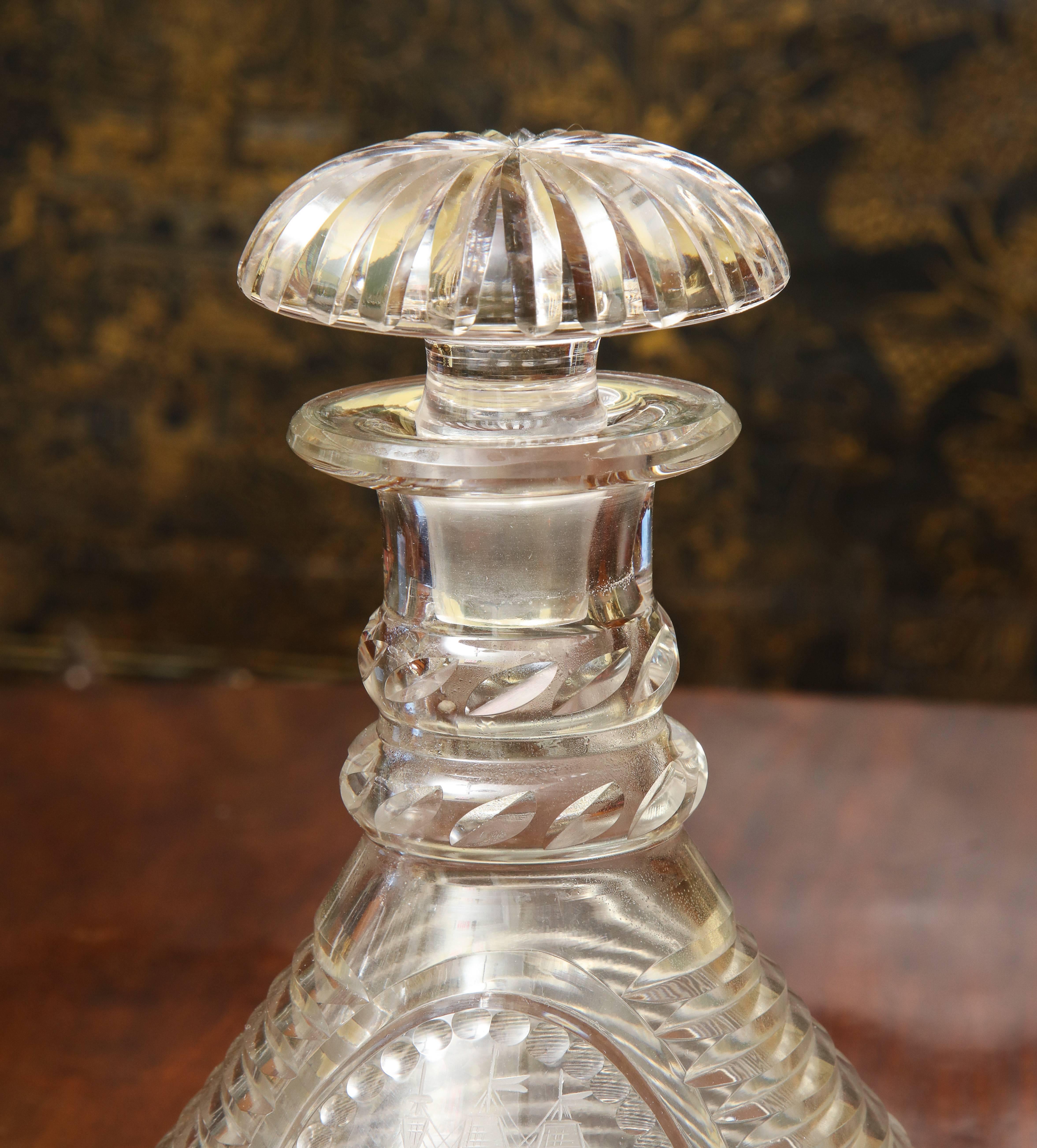Late 19th Century Pair of Finely Cut Crystal and Engraved Ship's Decanters, English, circa 1875 For Sale