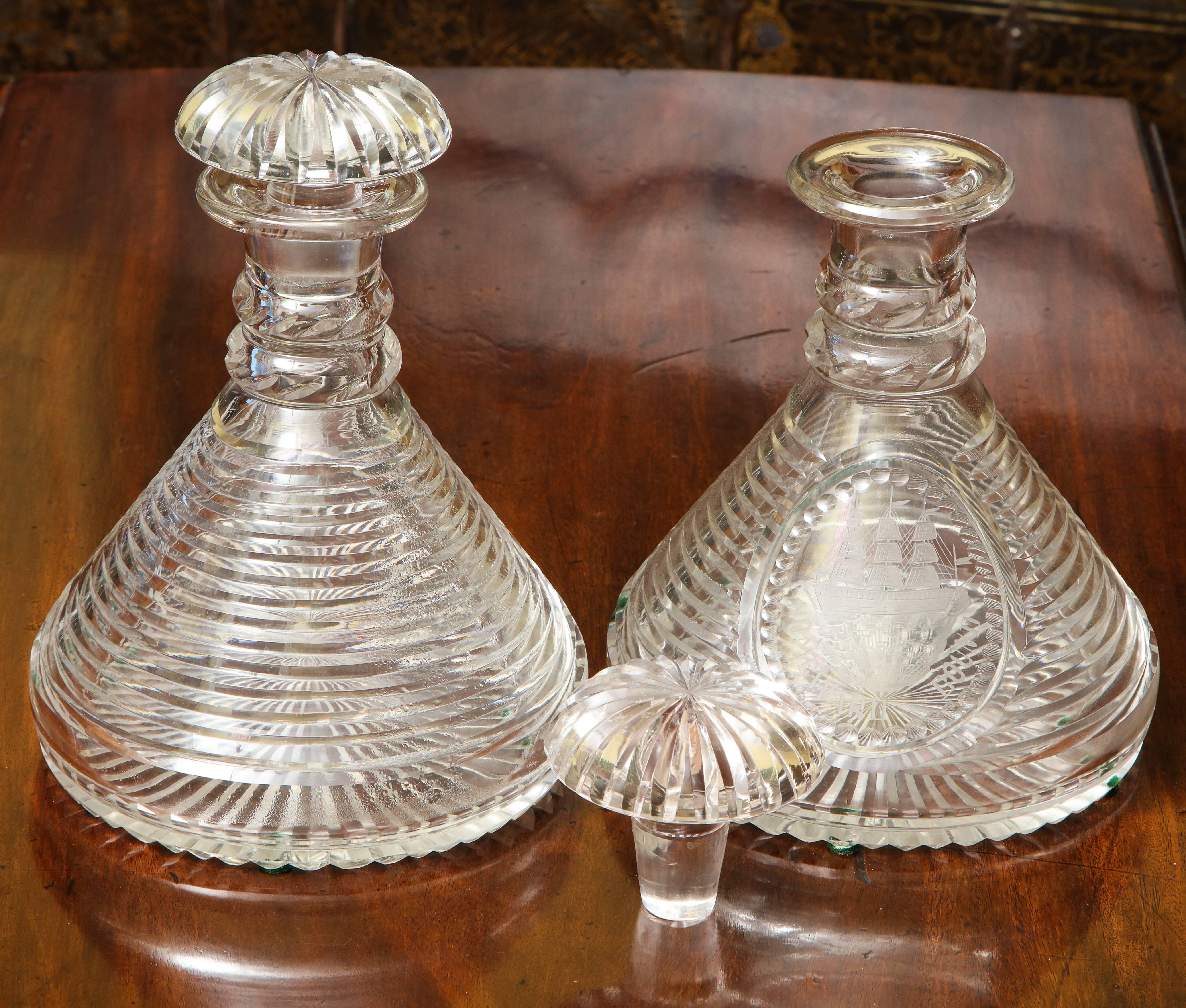 Pair of Finely Cut Crystal and Engraved Ship's Decanters, English, circa 1875 In Excellent Condition For Sale In New York, NY