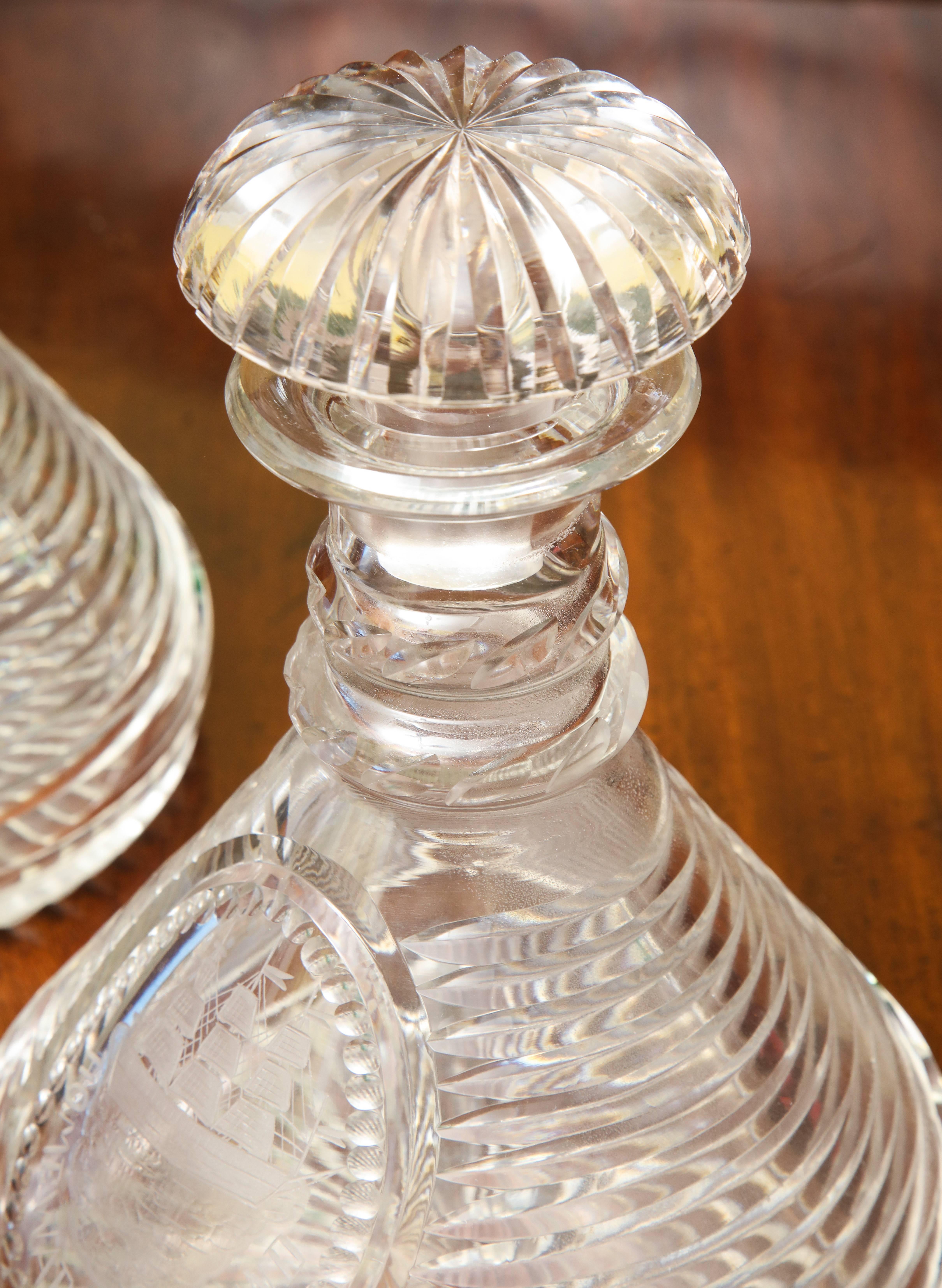 Pair of Finely Cut Crystal and Engraved Ship's Decanters, English, circa 1875 For Sale 2