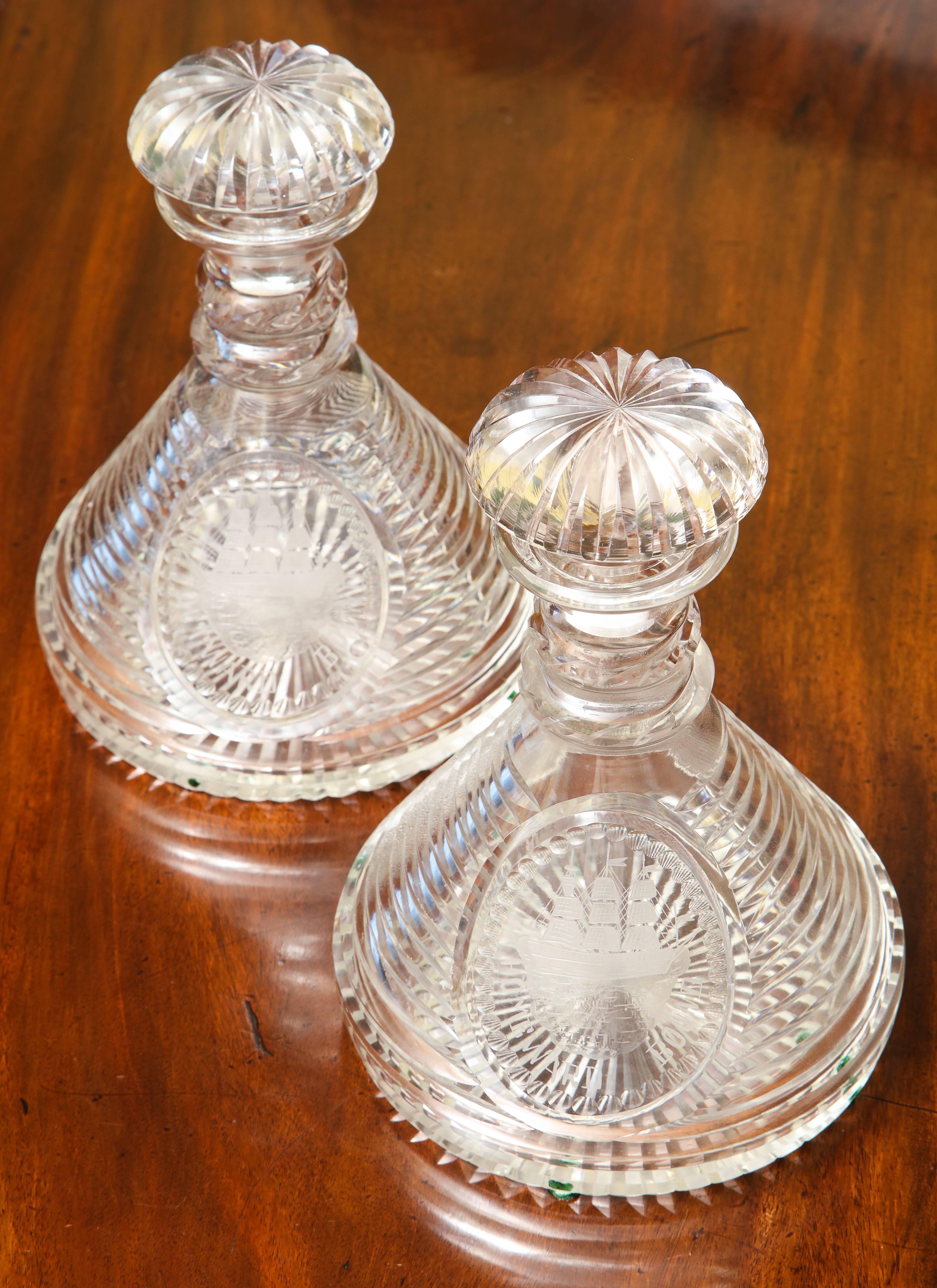 Pair of Finely Cut Crystal and Engraved Ship's Decanters, English, circa 1875 For Sale 3