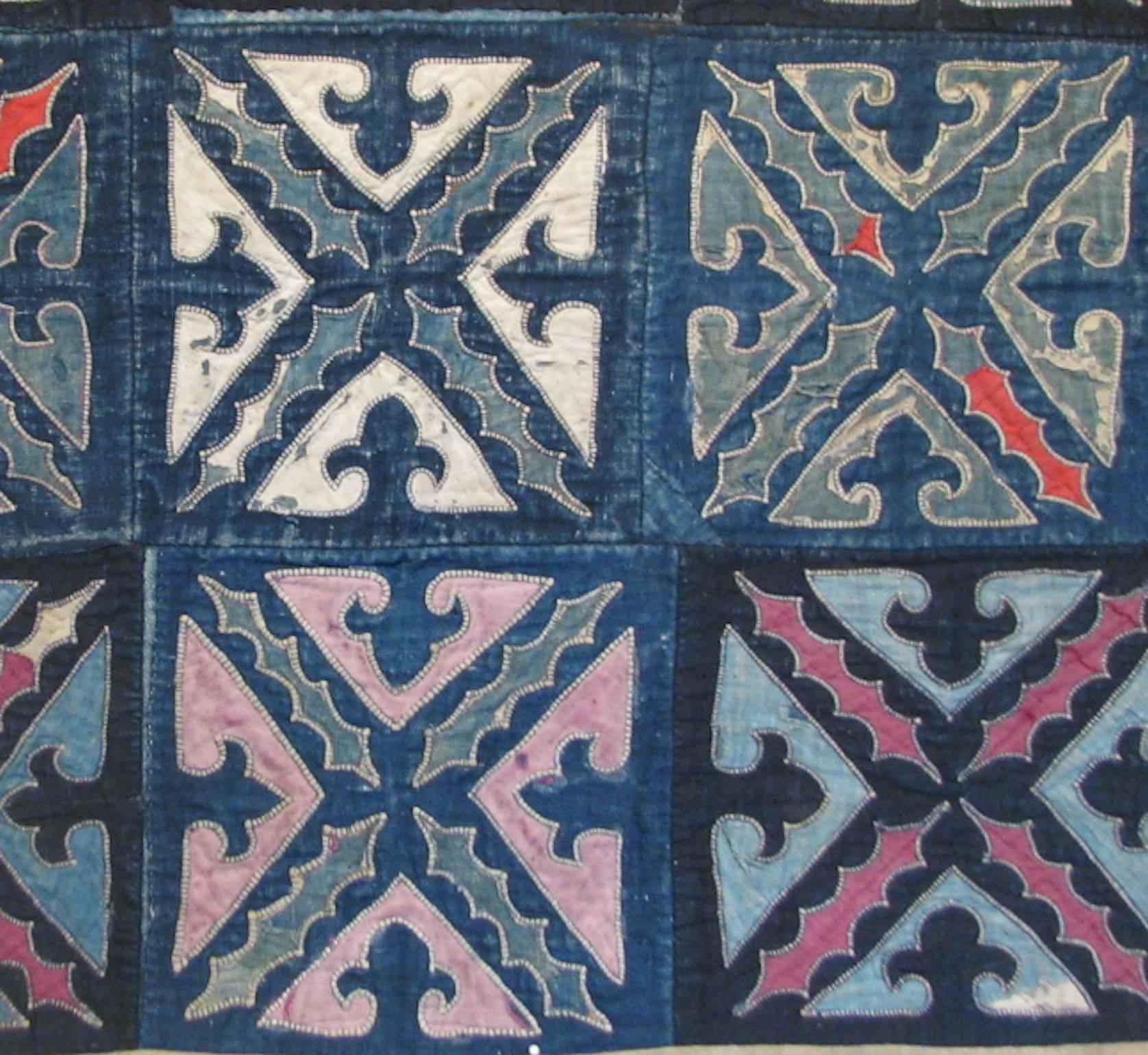 Folk Art Mid-20th Century Chinese Patchwork Cover of Indigo Squares with Applique For Sale