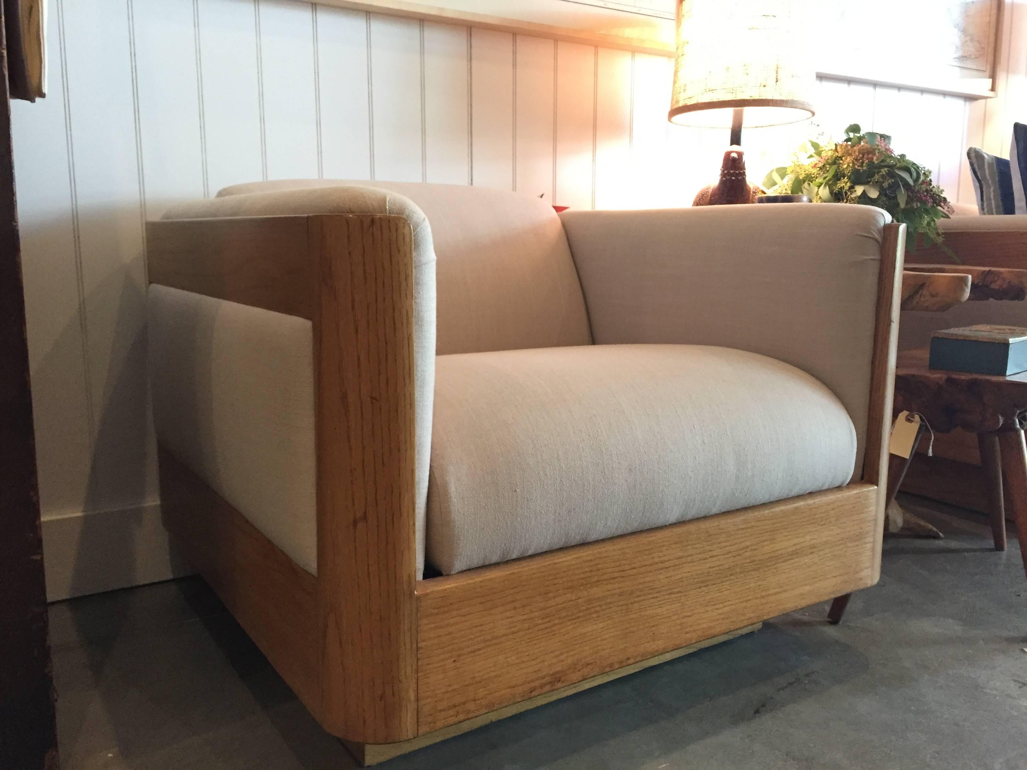 A pair of gorgeous Mid-Century Modern Cube Chairs.  Newly refinished & upholstered in a natural linen. 