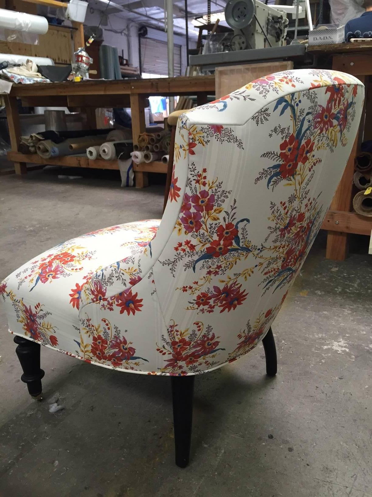 19th century French chair, rebuilt, reupholstered in Decors Barbares fabric.
Measures: 23" W x 24" D x 29" H, 14" seat height.