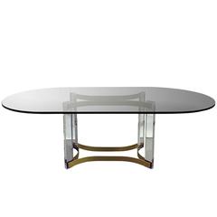 Lucite and Brass Dining Table with Racetrack Glass Top