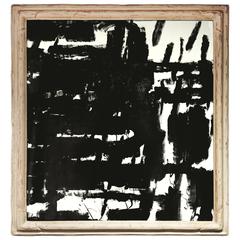 1970s Square Black and White Abstract Painting in Distressed Wood Frame 6
