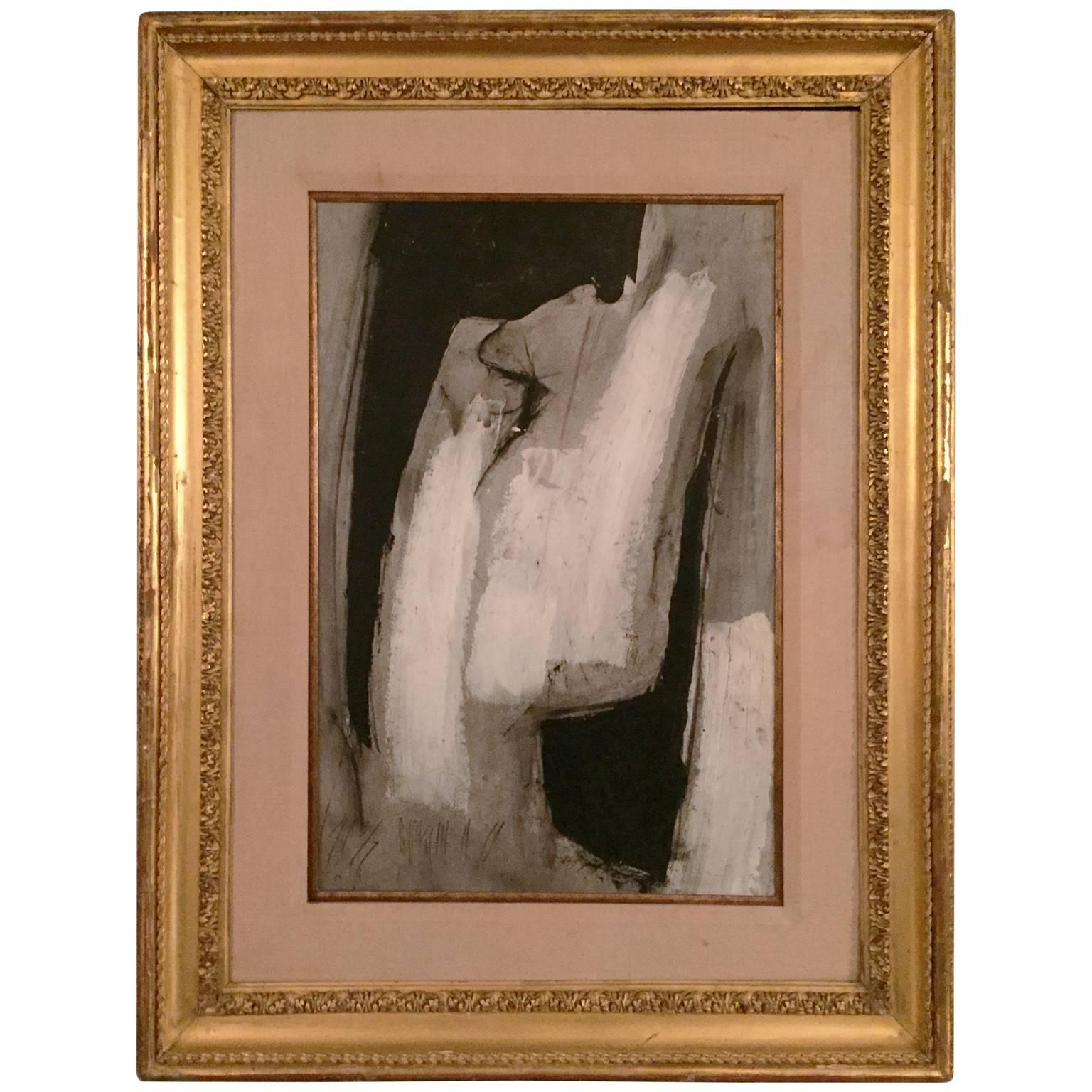 Large 1970s Black and White Abstract Painting in Gilt Frame by Graham Harmon