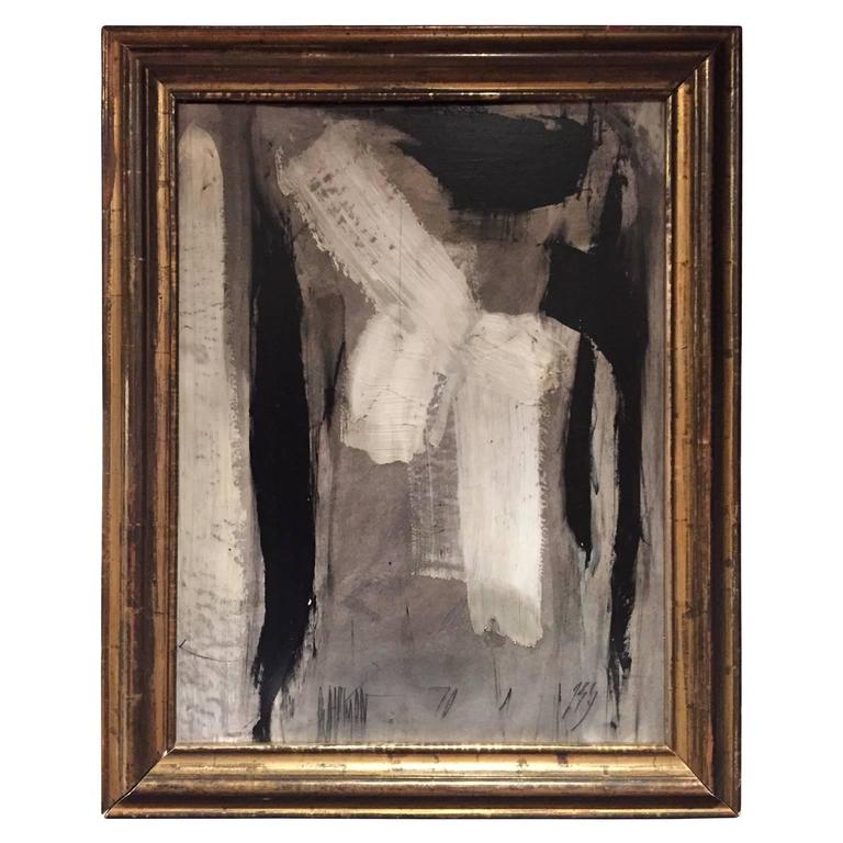 Black White And Grey Abstract Painting In Gold Frame By Graham Harmon