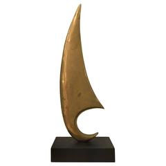 1970s Abstract Brass Sail Sculpture on Wood Base