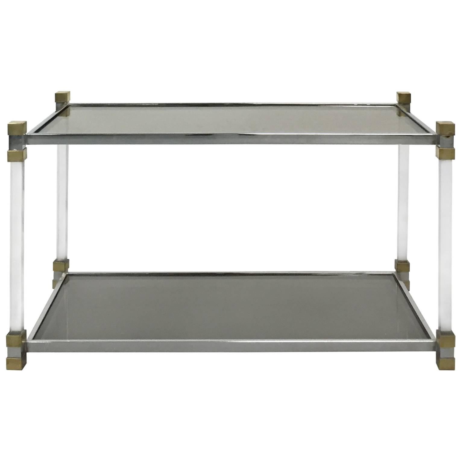 1970s French Chrome and Lucite Two-Tier Side Table with Smoked Glass Top For Sale