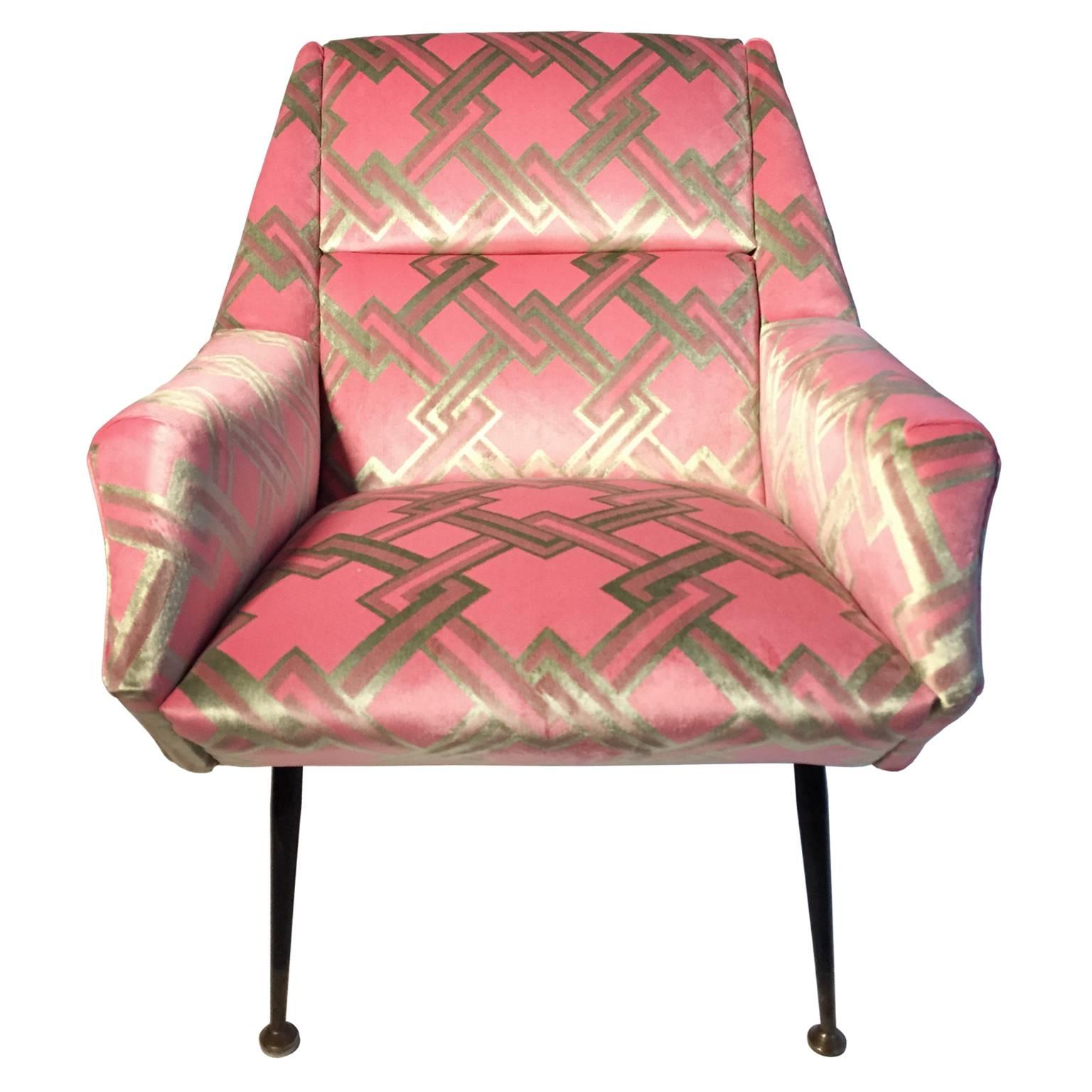 Mid-Century Italian Angled Back Club Chair in Pink and Celadon Geometric Velvet