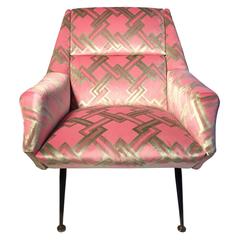 Mid-Century Italian Angled Back Club Chair in Pink and Celadon Geometric Velvet 1