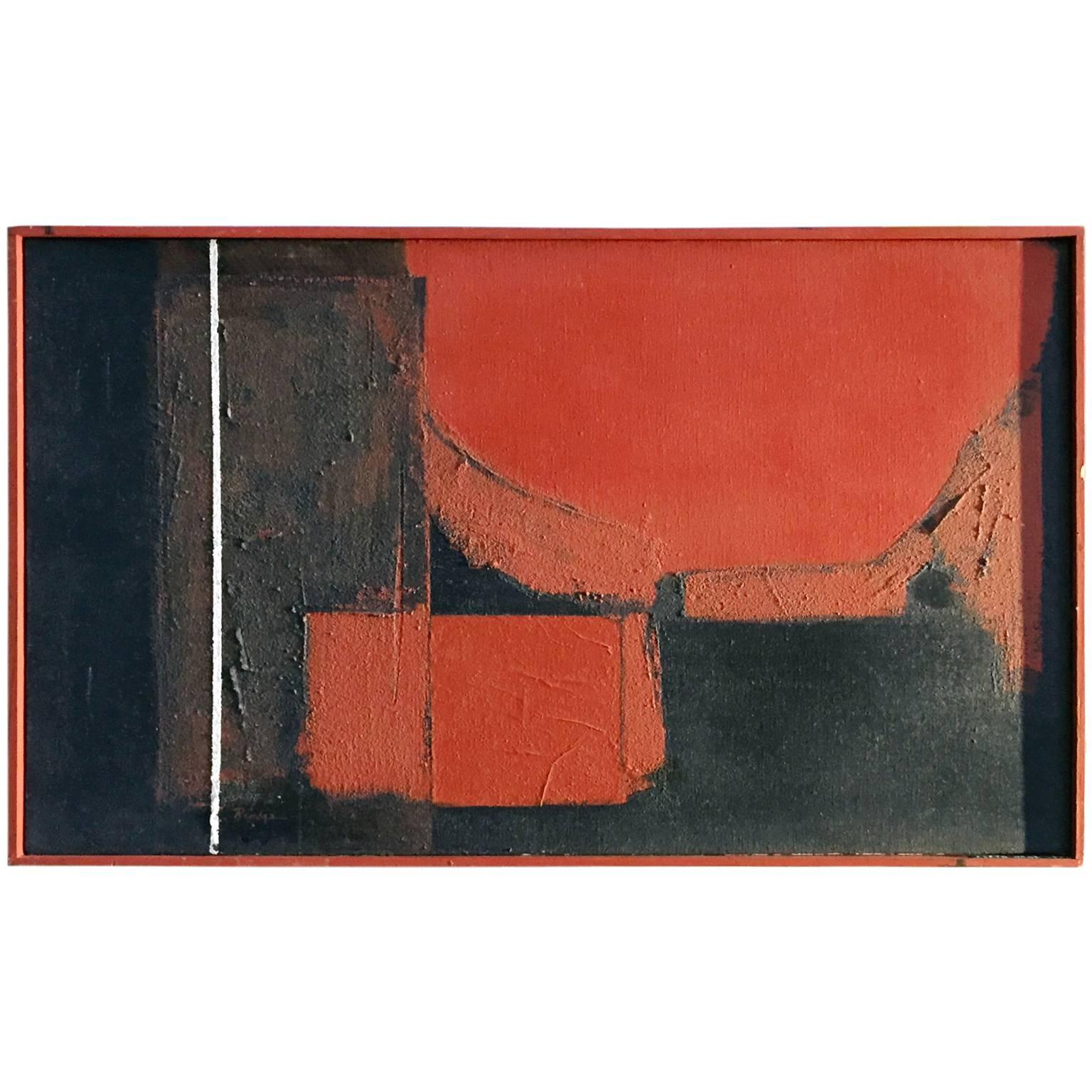 Mid-Century Abstract Oil Painting on Canvas in Black and Red Tones