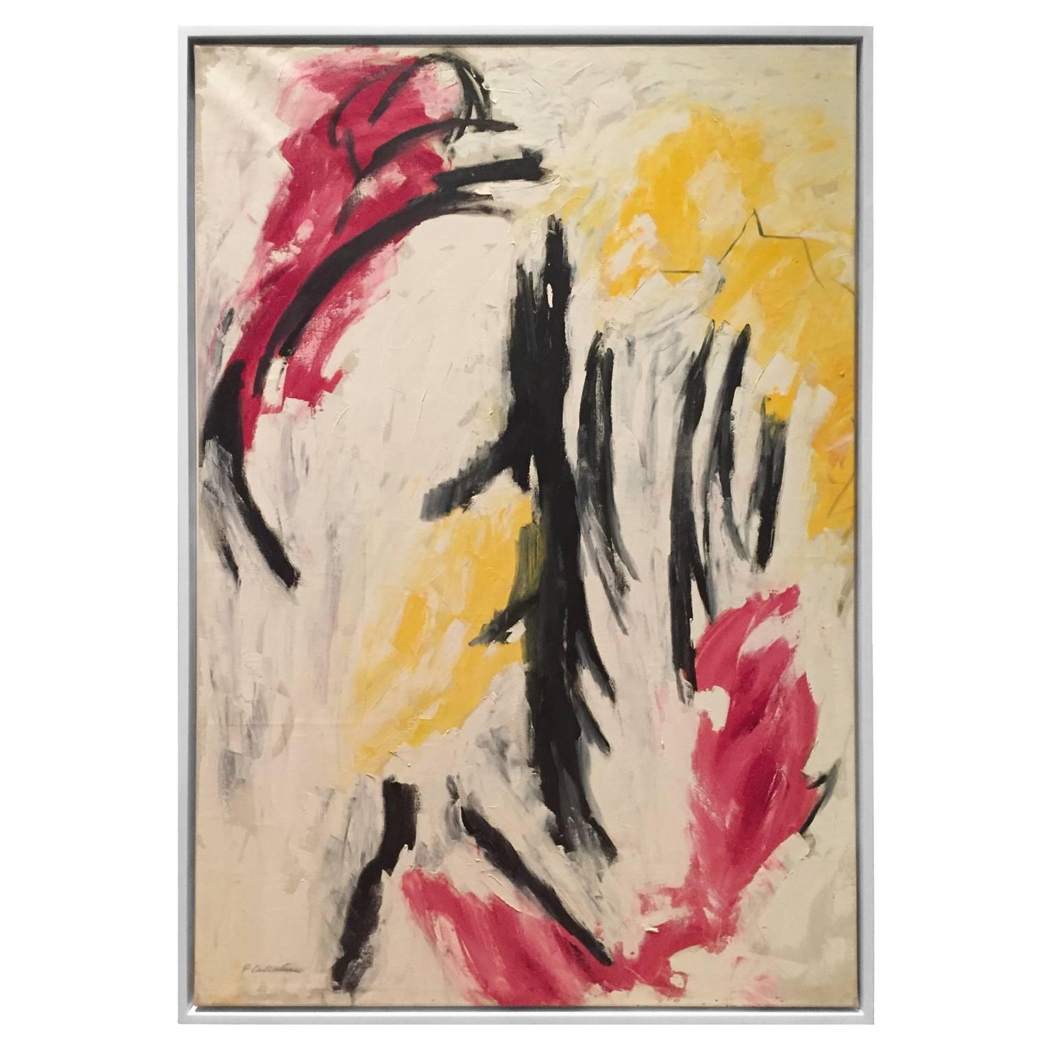 Mid-Century Abstract Painting in Black, Red, Yellow by Phillip Callahan