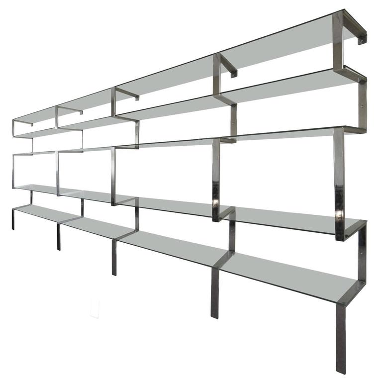 1970s Milo Baughman Five-Piece Chrome and Glass Shelving Unit For Sale