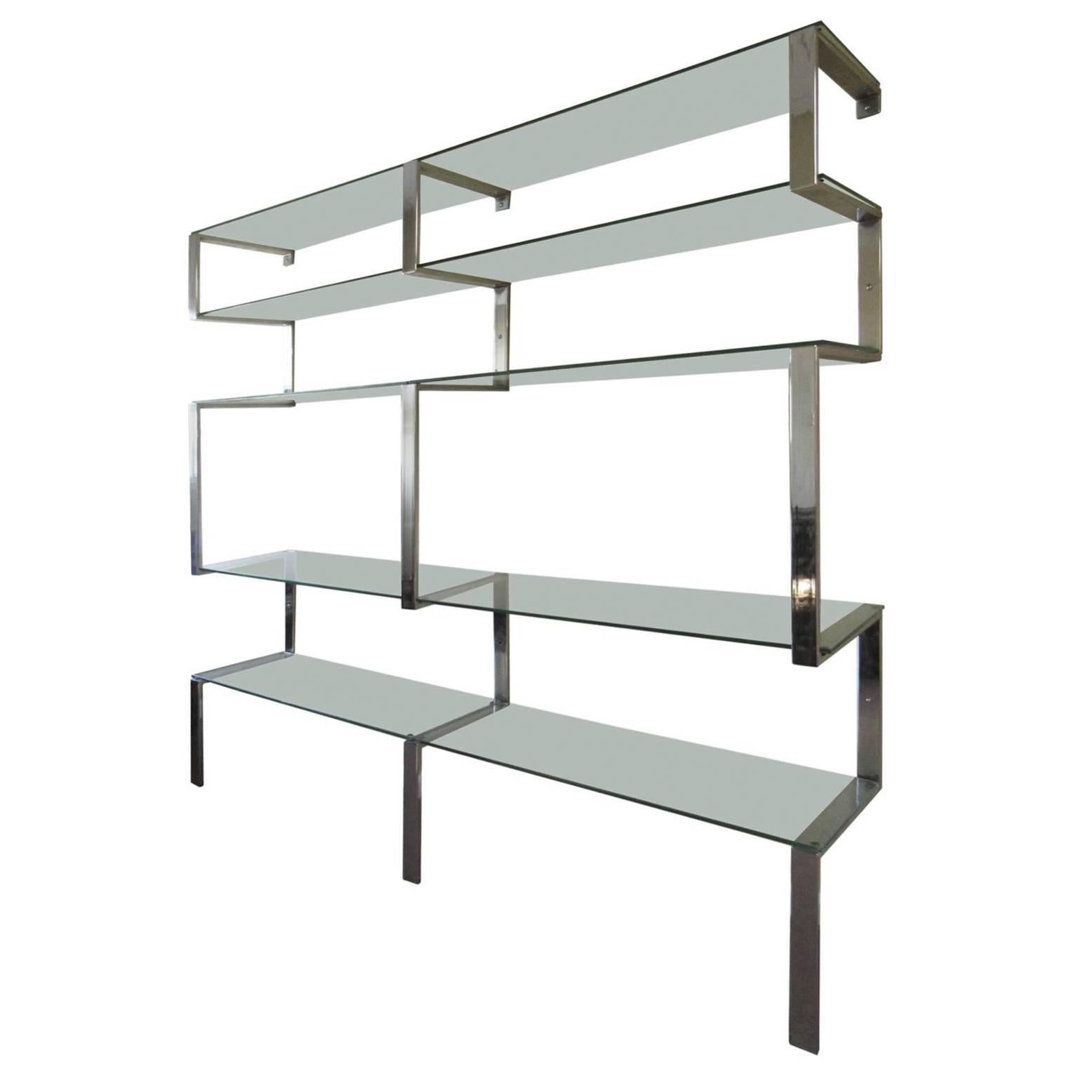 1970s Three-Piece Chrome and Glass Geometric Shelving Unit