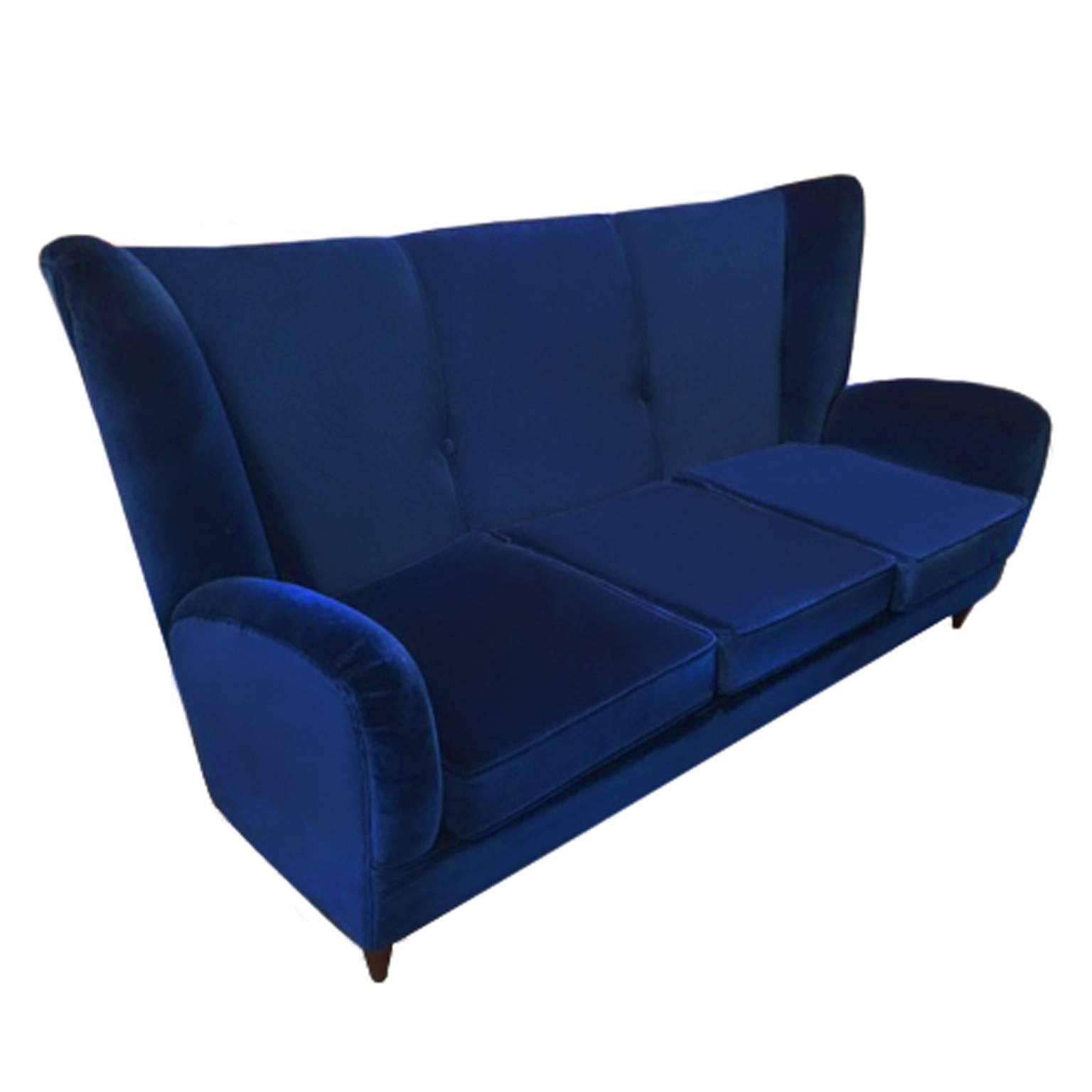 1960s Italian Sofa in Navy Blue Velvet by Paolo Buffa