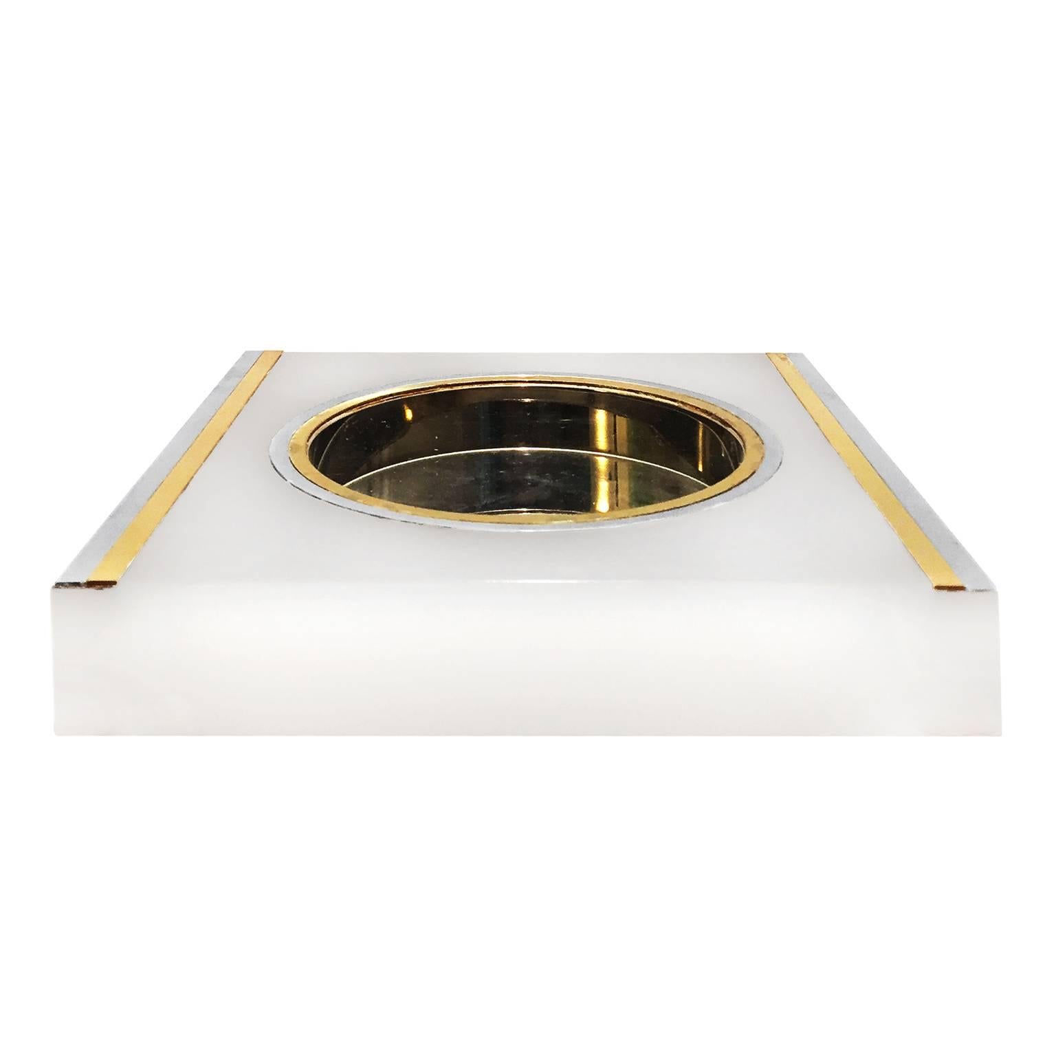 1970s Plexi Vide Poche Bowl in White with Brass and Chrome Detailing