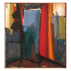 1970s Colorful Modern Abstract Painting in Blues, Reds and Earth Tones
