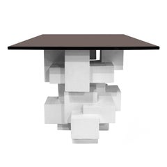 Custom Geometric White Plaster Side Table with Bronzed Glass Top, Dan Schneiger