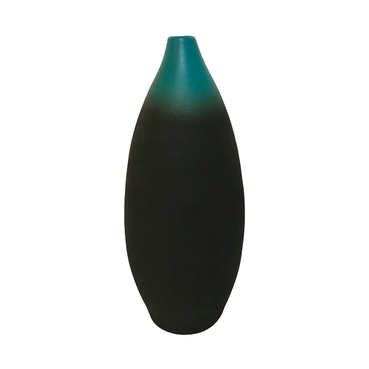 Turquoise Ombre Matte Ceramic Bottle Form Vase with Stout Neck by Sandi Fellman