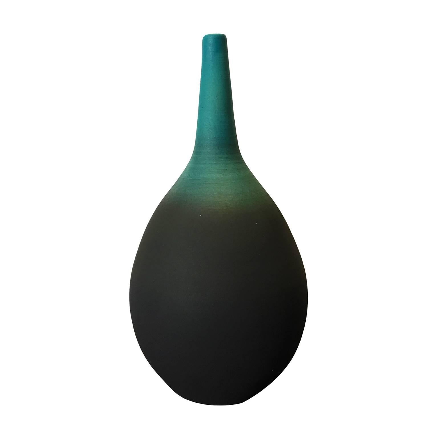 Turquoise Ombre Matte Ceramic Tear Drop Vase with Long Neck by Sandi Fellman