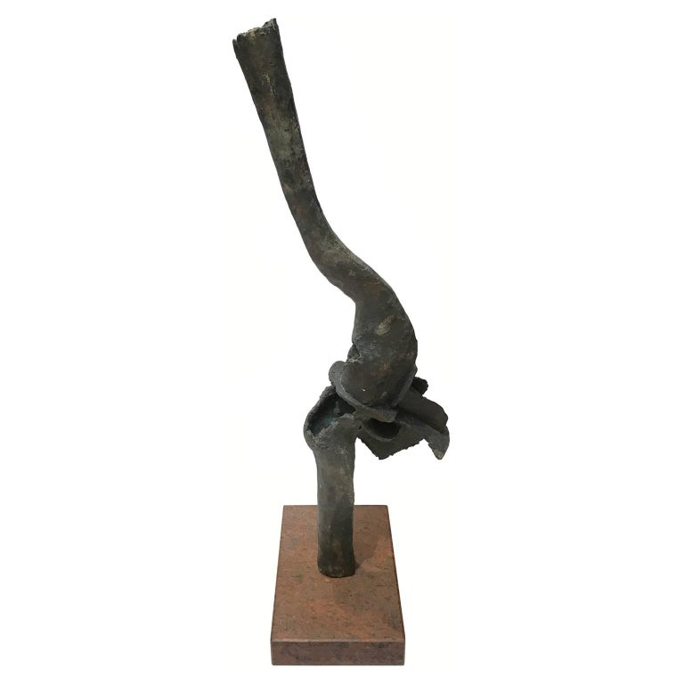 1970s Tall French Abstract Bronze Sculpture on Rectangular Stone Base For Sale