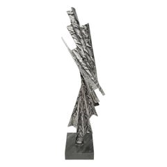 1970s Brutalist Aluminum Abstract Sculpture on Square Marble Base