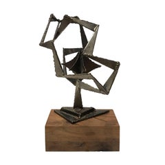 1970s Torch Cut Metal Abstract Sculpture on Rectangular Wood Base