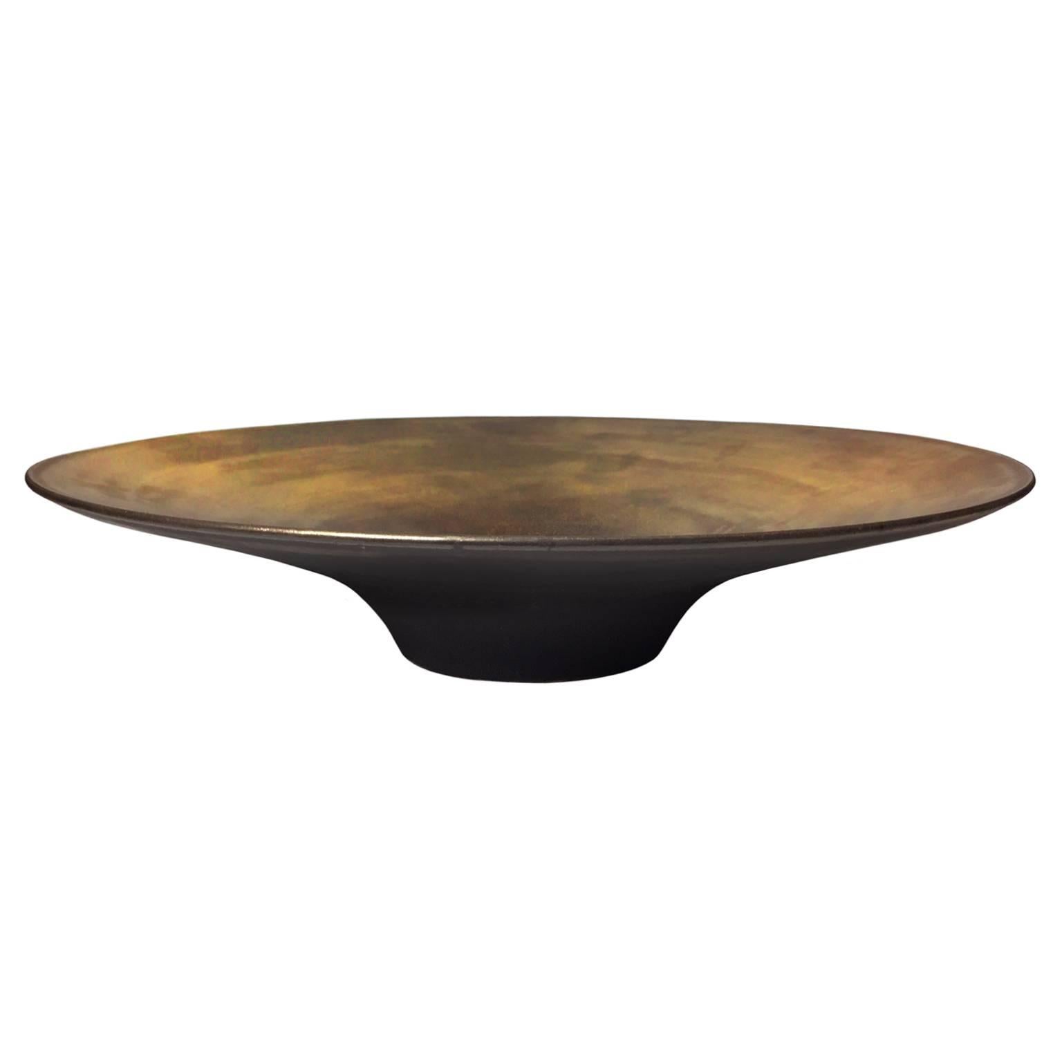 Low Black Matte Ceramic Bowl with Gold Glaze Interior and Rim by Sandi Fellman