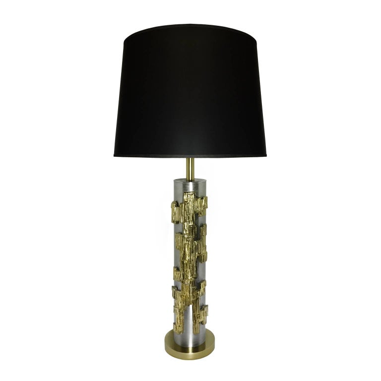 Midcentury Brushed Steel Laurel Table Lamp with Cast Brass Brutalist Motif For Sale