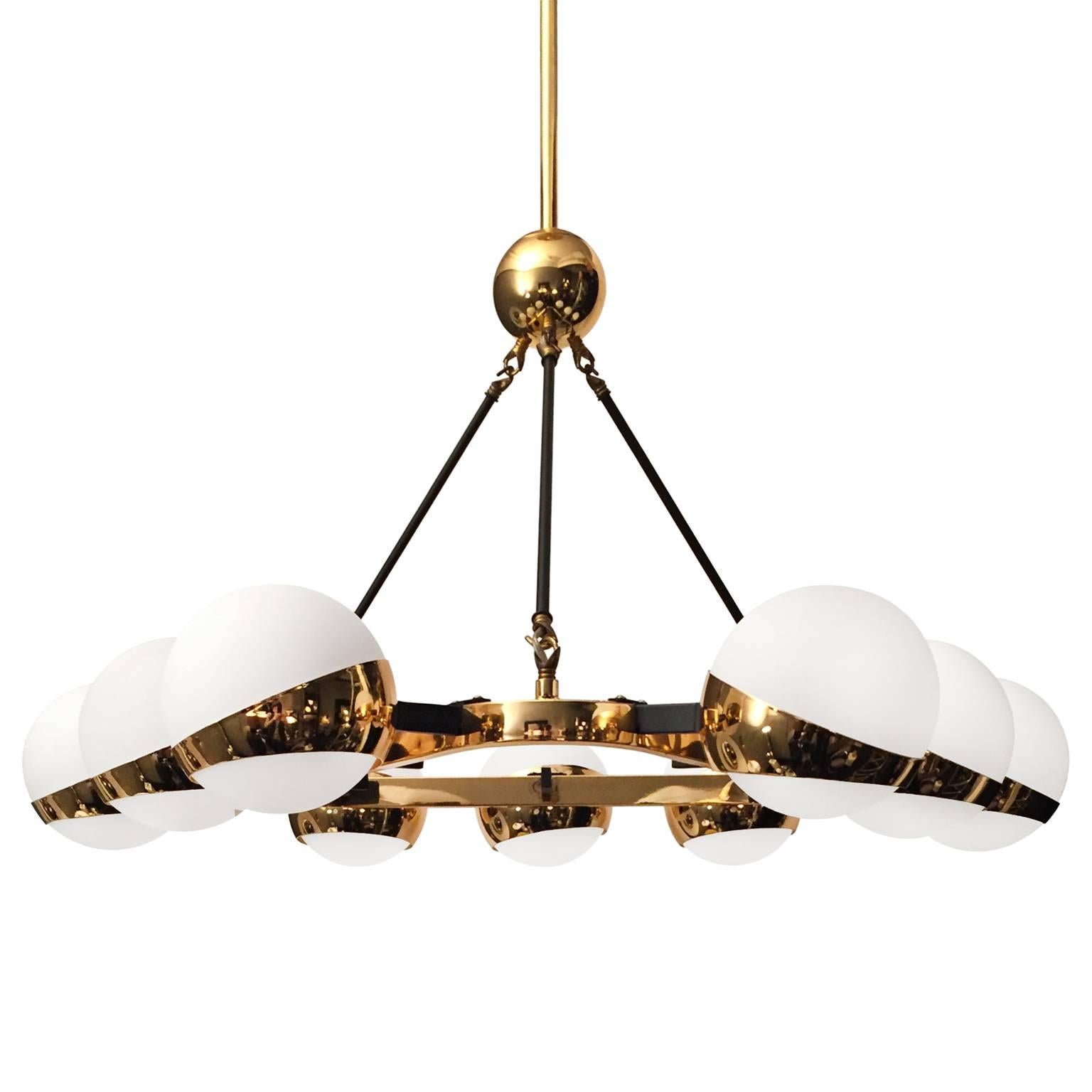 Midcentury Triangular Nine Globe Brass Chandelier in style of Stilnovo