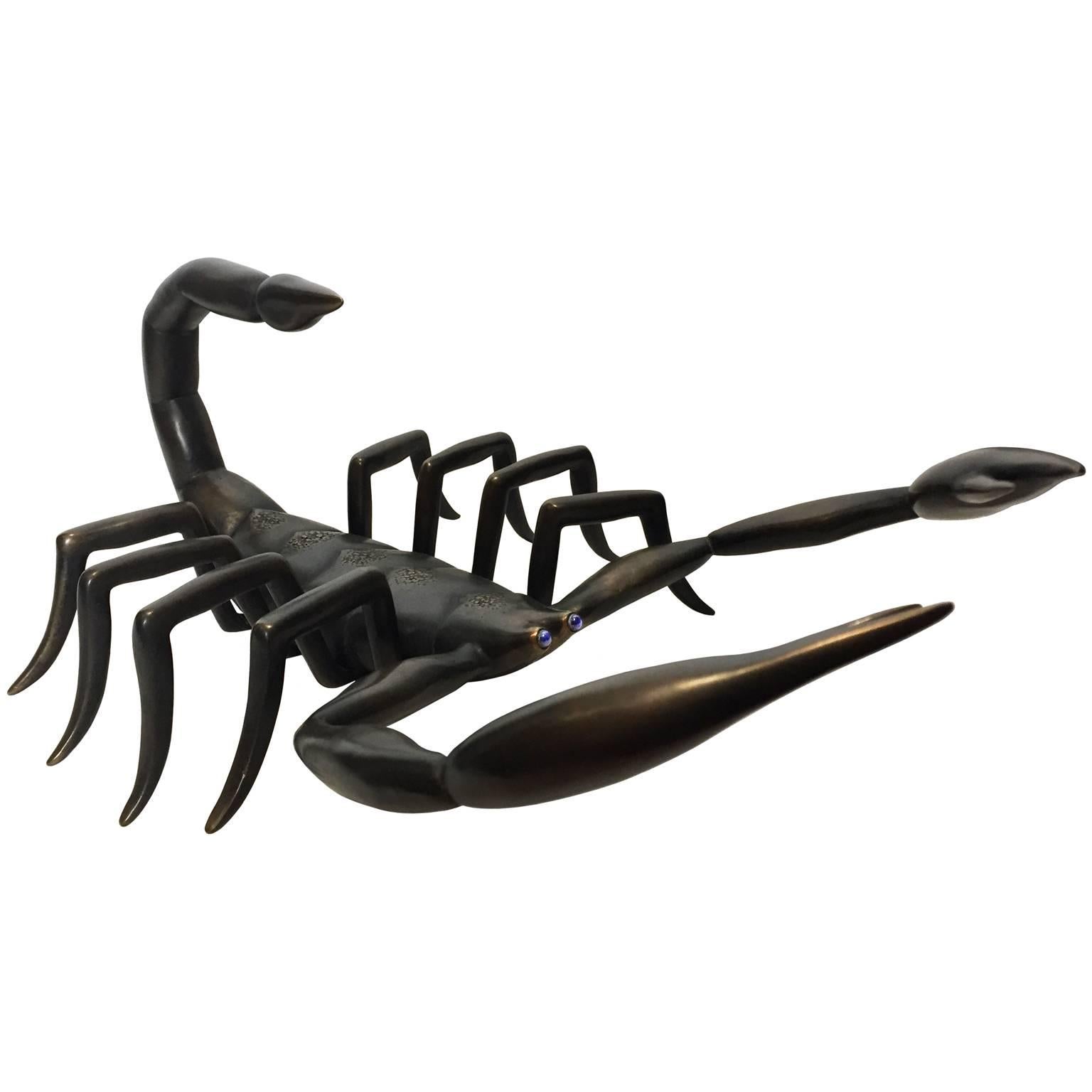 Hand Cast Bronze Scorpion with Sapphire Eyes by Michael Laut For Sale