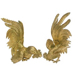 Pair of 1950s Gilt Brass Fighting Game Cocks