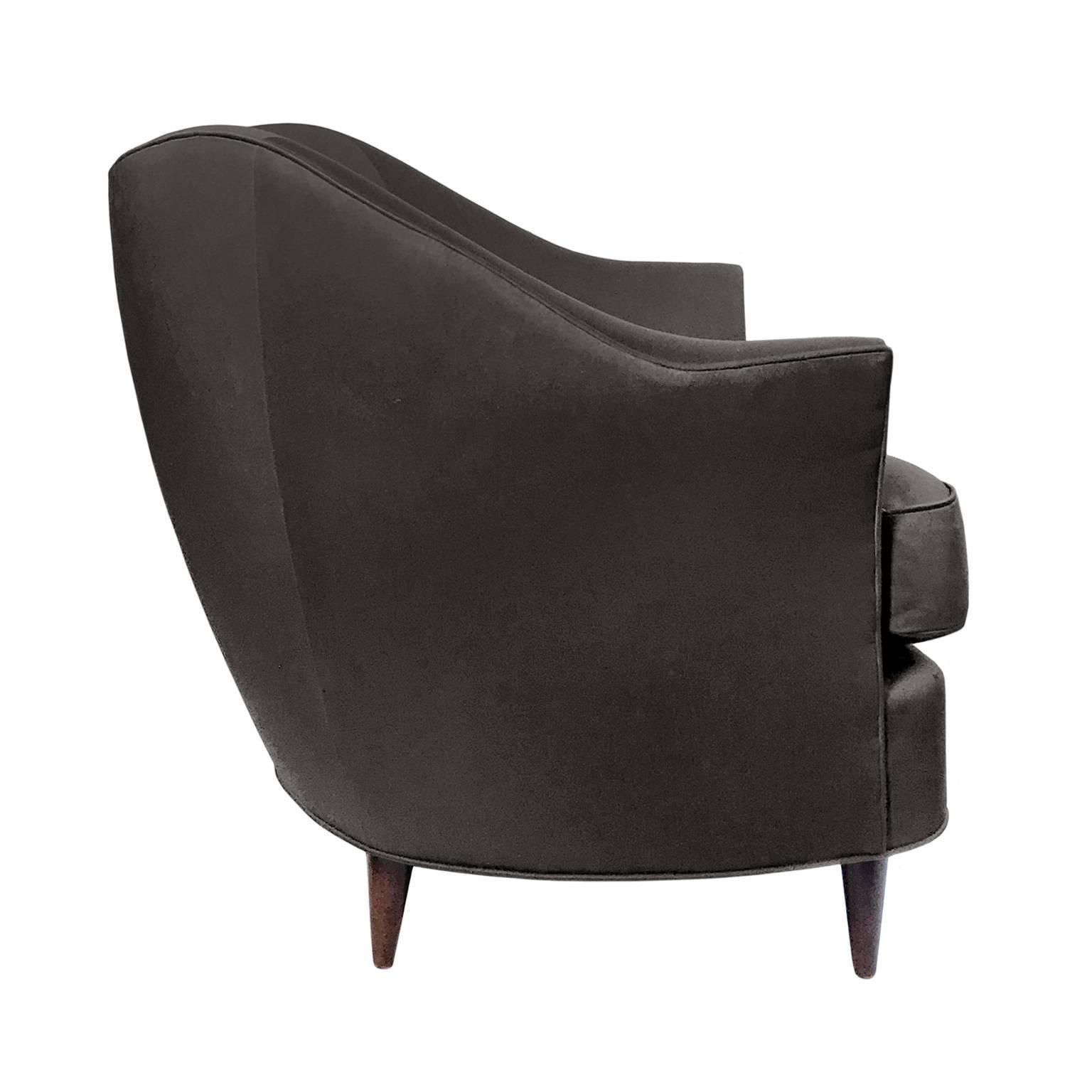 Flair Home collection custom Gio curved back armchair in deep brown satin.